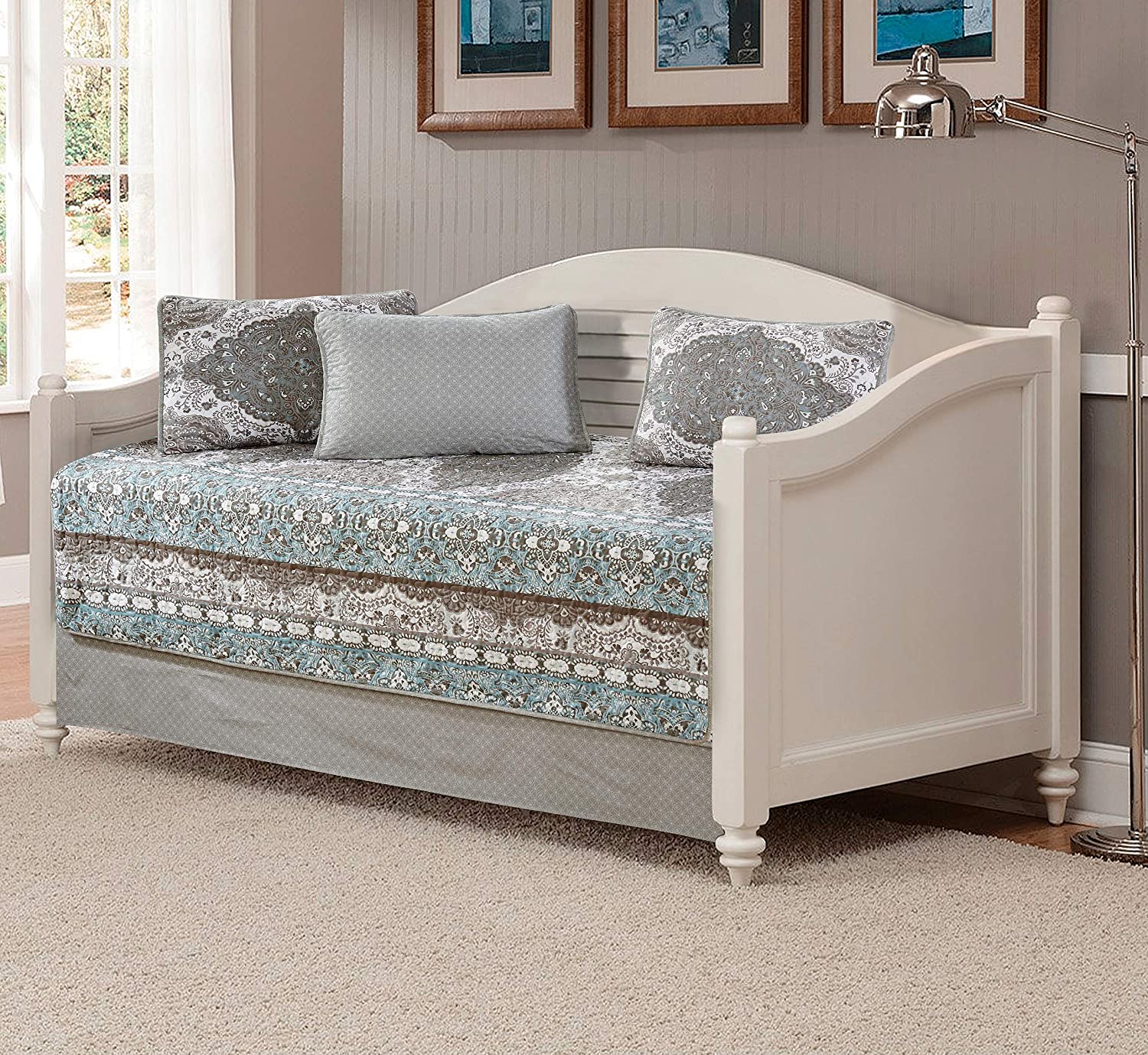 Price:$44.99 Plus 5pc Daybed Cover Set Quilted Bedspread New (Blue/Grey Floral) : Home & Kitchen