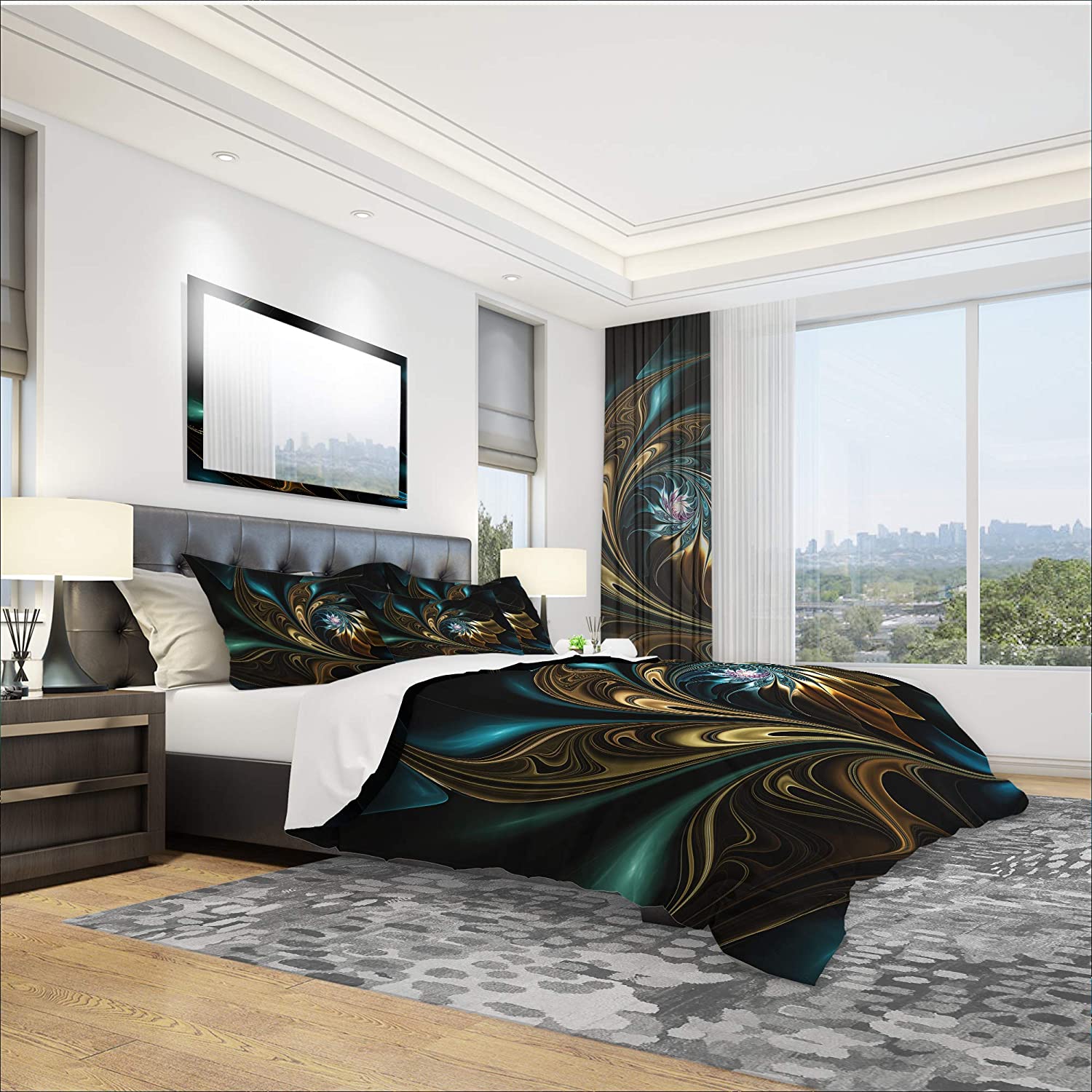 Price:$111.02 'Brown Blue Fractal Flower in Black' Modern & Contemporary Duvet Cover Set : Home & Kitchen
