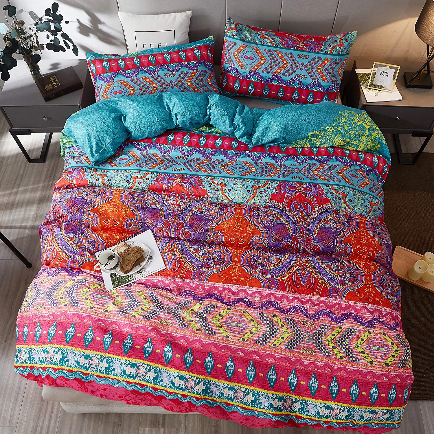 Price:$29.98 Boho Style Duvet Cover Set King Size 3-Piece Colorful Floral Pattern Luxury Soft Bedding Set Comforter Cover : Home & Kitchen