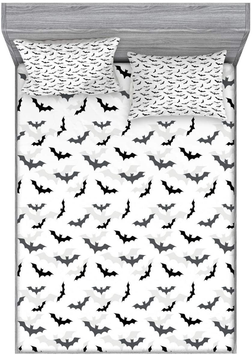 Price:$27.98 Goth Fitted Sheet & Pillow Sham Set, Halloween Concept Silhouette of Flying Bats and Shadows Pattern, Decorative Printed 3 Piece Bedding Decor Set, Queen, Grey Charcoal : Home & Kitchen