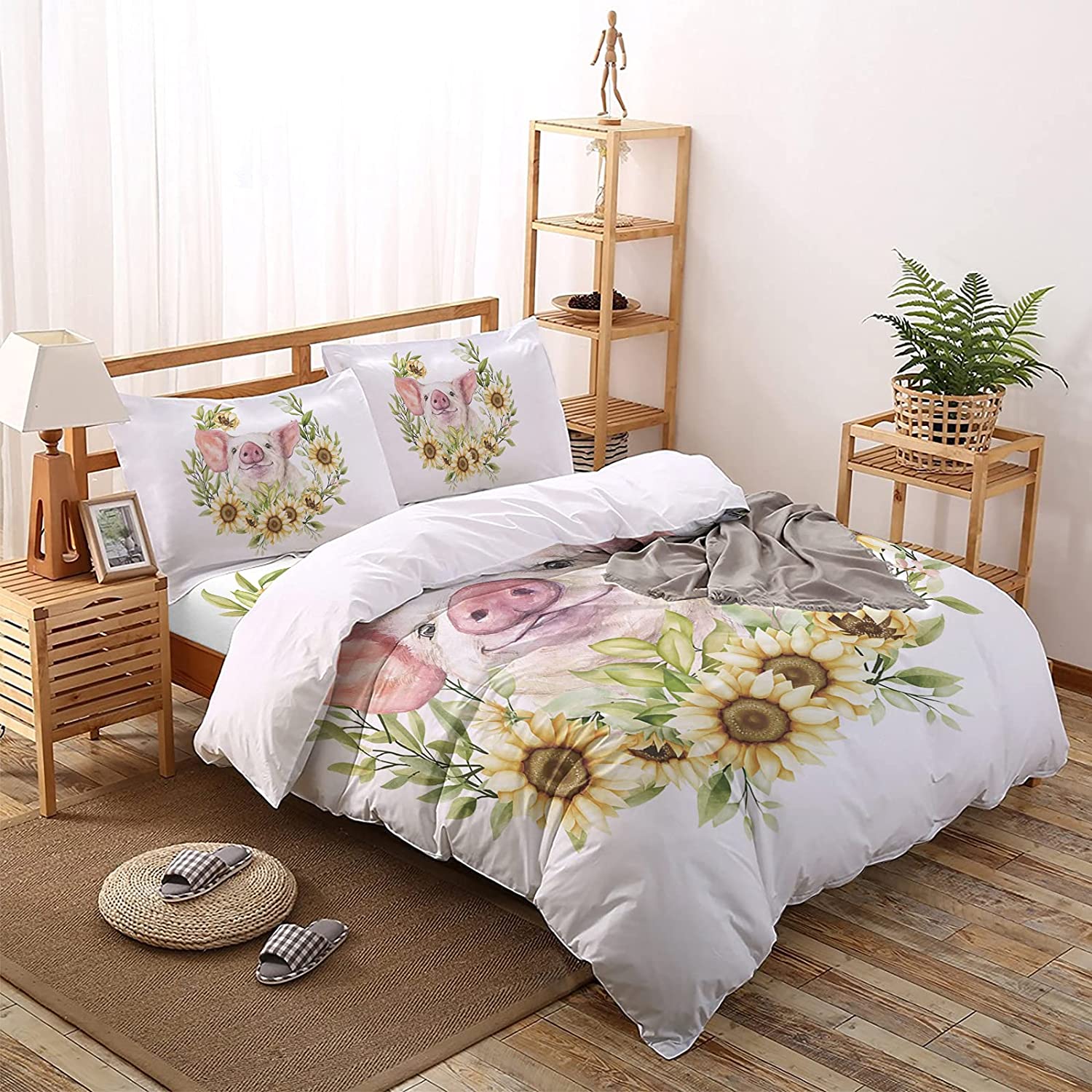 Price:$107.89 Pieces Duvet Cover Bedding Set Cute Pink Piggy Sunflower Farm Animal Illustration Ultra Soft Bedding Twin Duvet Cover Comforter Cover with Zipper Closure & Corner Ties : Home & Kitchen