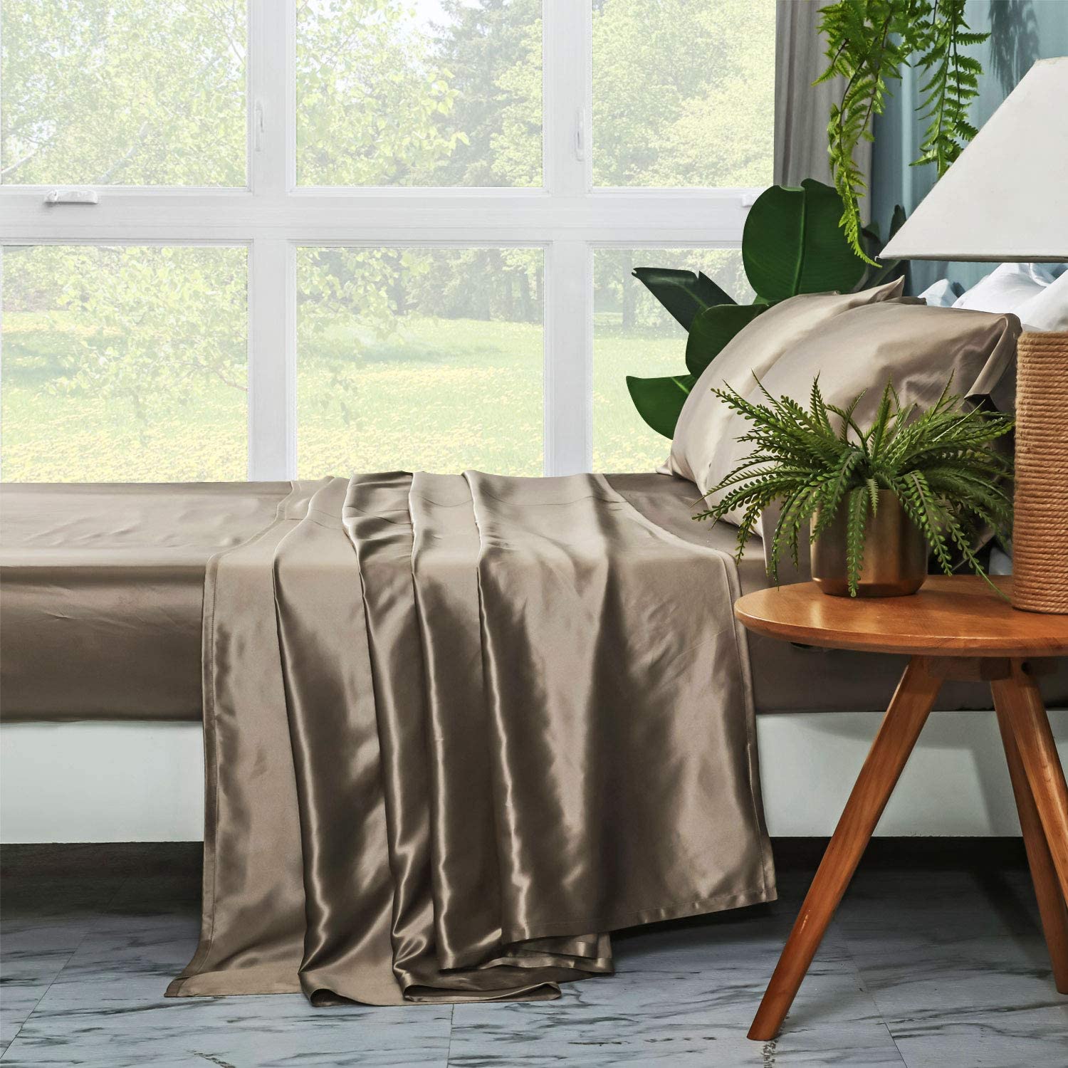Price:$449.00 4 Pcs 100% Mulberry Silk Bed Sheet Set,All Side 19 Momme Silk(Queen Taupe) : Home & Kitchen