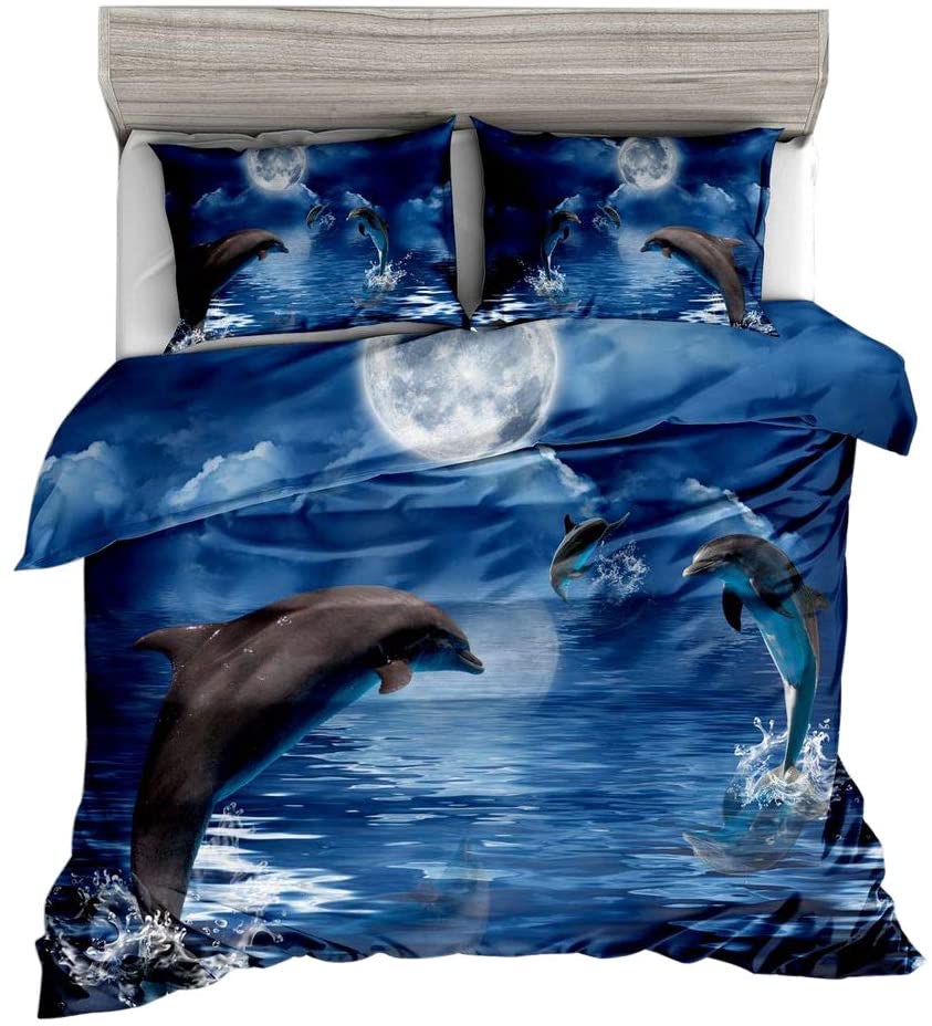 Price:$49.99 3D Dolphin Twin Size Kid's Bedding Set,Playful Dolphins Under The Night Sky Printed in Blue Duvet Cover Set.3pcs(1 Duvet Cover,2 Dolphin Pollow Shams),No Comforter Inside. : Home & Kitchen