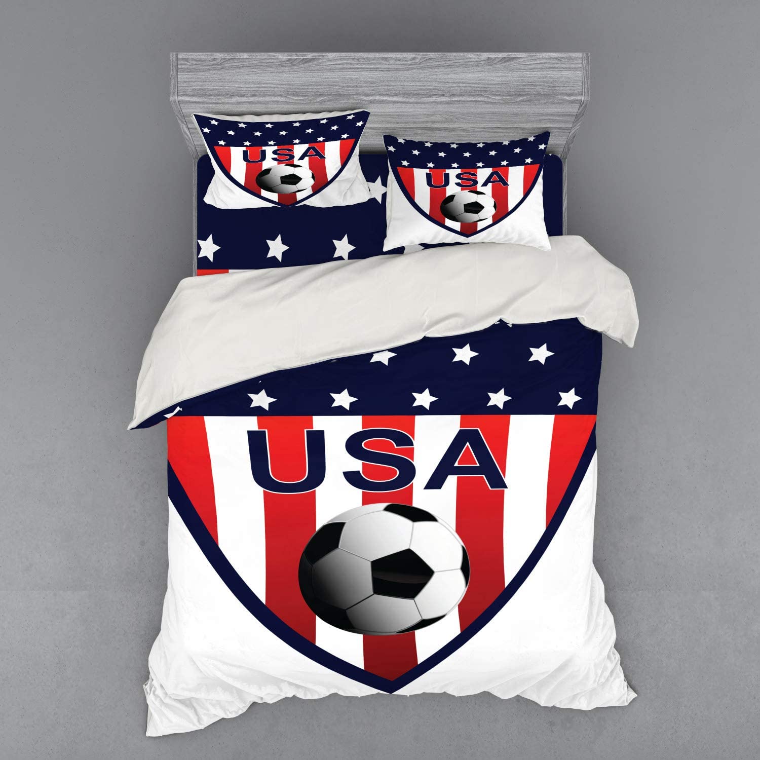 Price:$89.95 USA Bedding Set, Team USA Themed Soccer Emblem Design with Stars and Vertical Stripes, 4 Piece Duvet Cover Set with Shams and Fitted Sheet, Queen Size, Vermilion Blue and White : Home & Kitchen