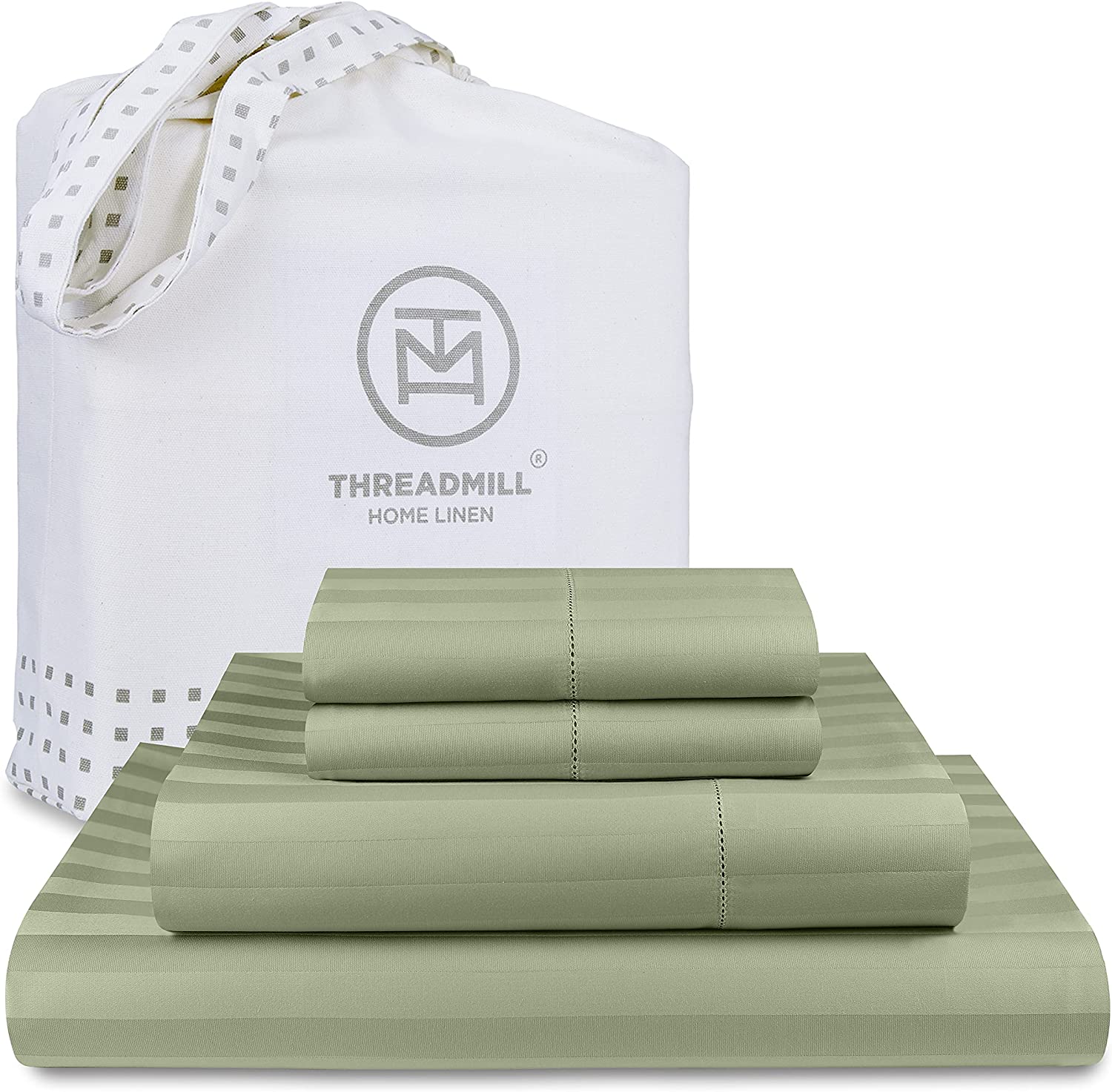 Price:$42.49 500 Thread Count Queen Size Damask Stripe, 4 Pc Luxury Cotton Bedding Set, Silky Smooth Sage Green Sheets with 16" Elasticized Deep Pocket, 2 Pillowcases & Free Tote Bag : Home & Kitchen