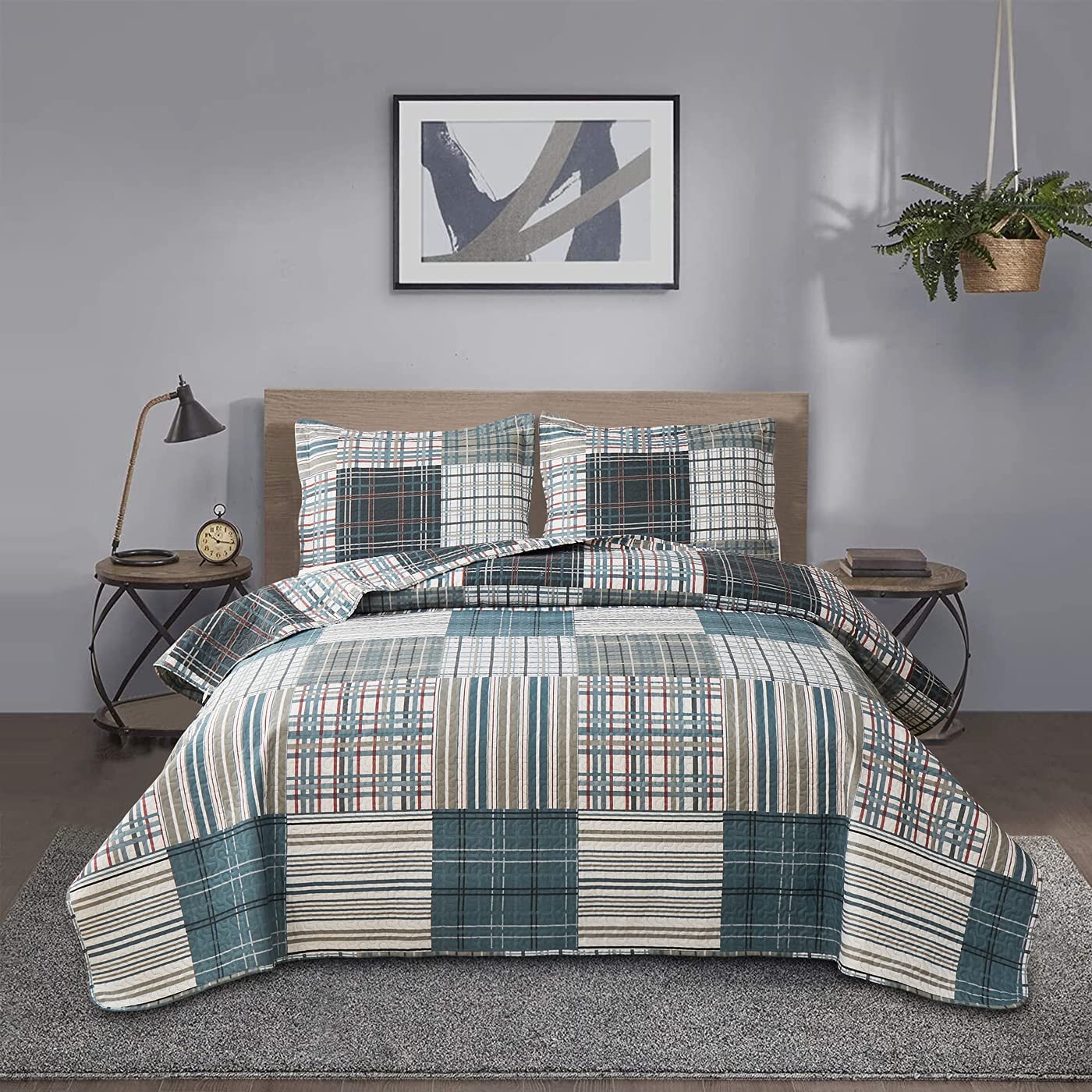 Price:$30.99 Set King Size Plaid Bedspread Coverlet Stripe Patchwork Bedding Reversible Grey Blue White Plaid Bedspread Set Summer Lightweight Plaid Quilts Soft Microfiber Patchwork Home : Home & Kitchen