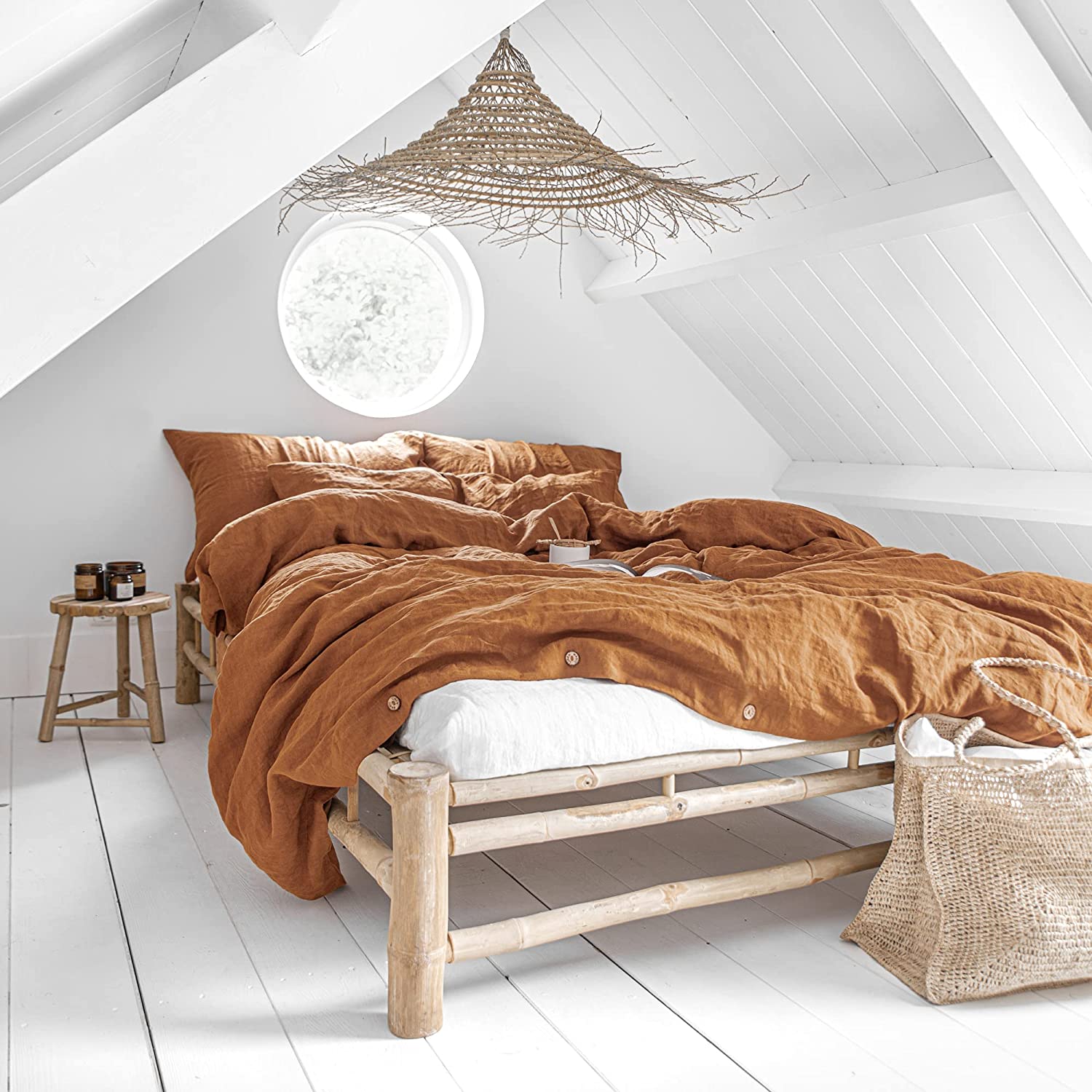 Price:$563.65 Linen Duvet Cover and Sheets Set - 5 Pieces Duvet Cover Set for King Size Bed - Linen Bedding - Cinnamon and White Color - King Size : Home & Kitchen