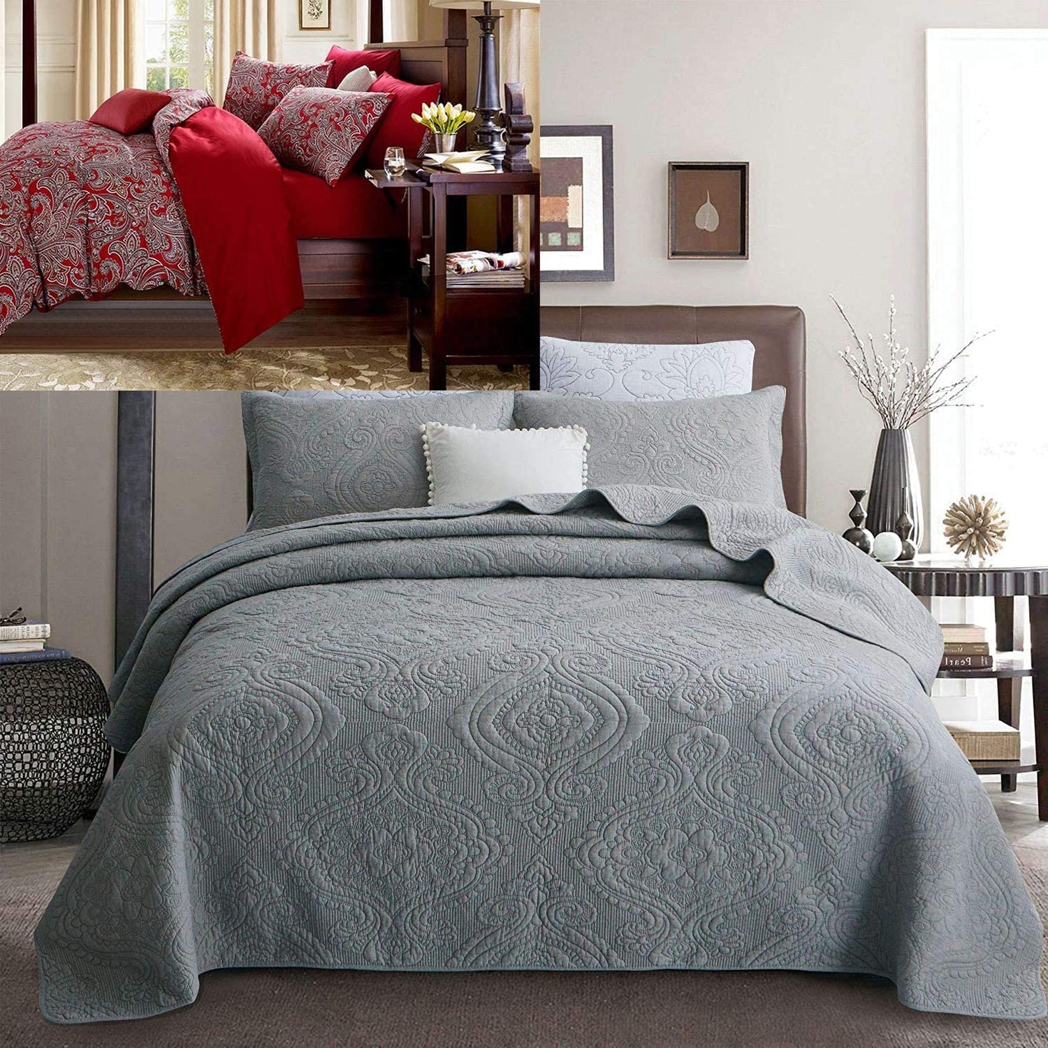 Price:$182.00 Luxury Gray Bedding Set Quilted Comforter Bedspread Quilt Set Queen Size 3PCS + 3PCS Luxury Paisley Duvet Cover Queen Size Set Bohemian Damask Medallion 800TC Egyptian Cotton : Home & Kitchen
