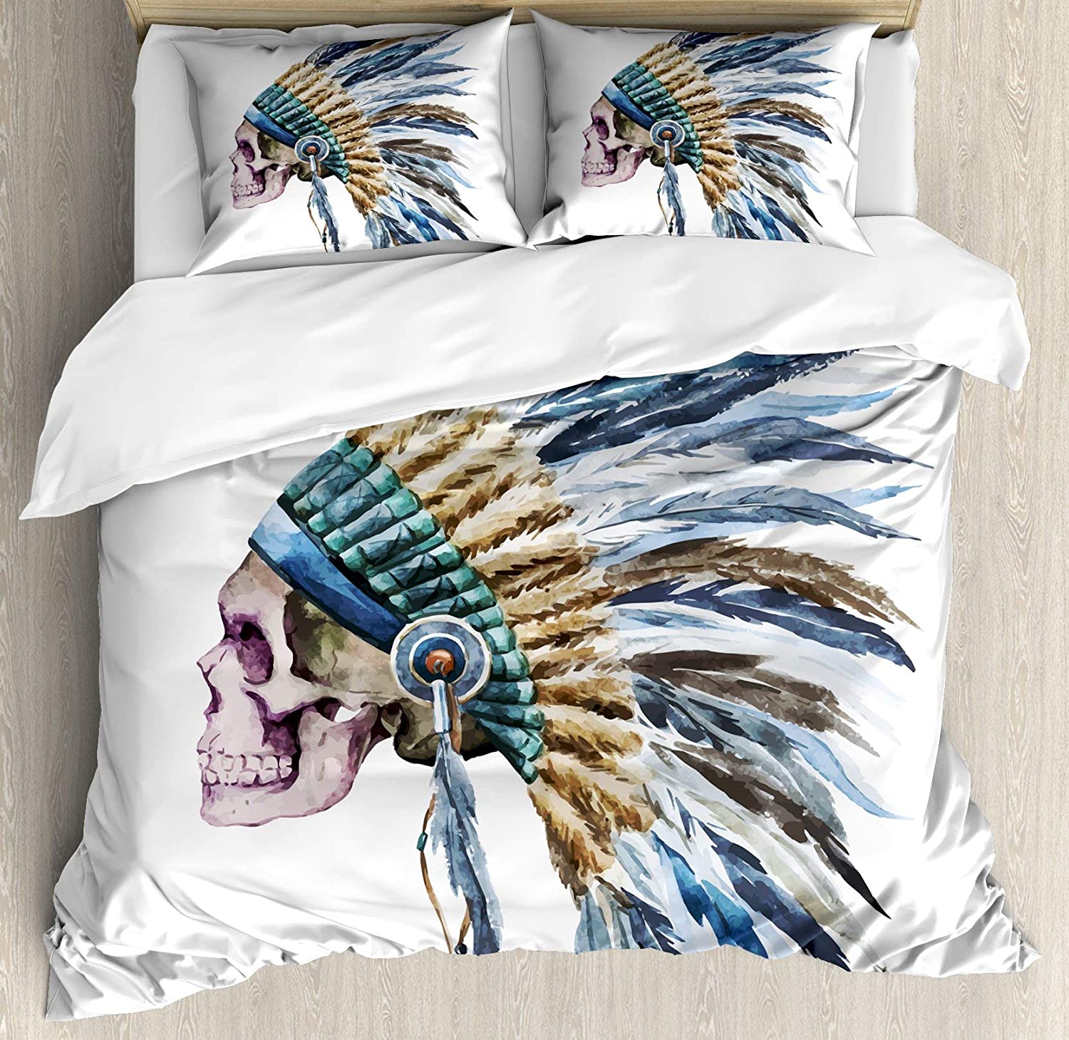 Price:$79.77 Duvet Cover Set, Skull with Native Hat Indigenous Cultures Circle of Life Death, Decorative 3 Piece Bedding Set with 2 Pillow Shams, Queen Size, Cream Blue : Home & Kitchen