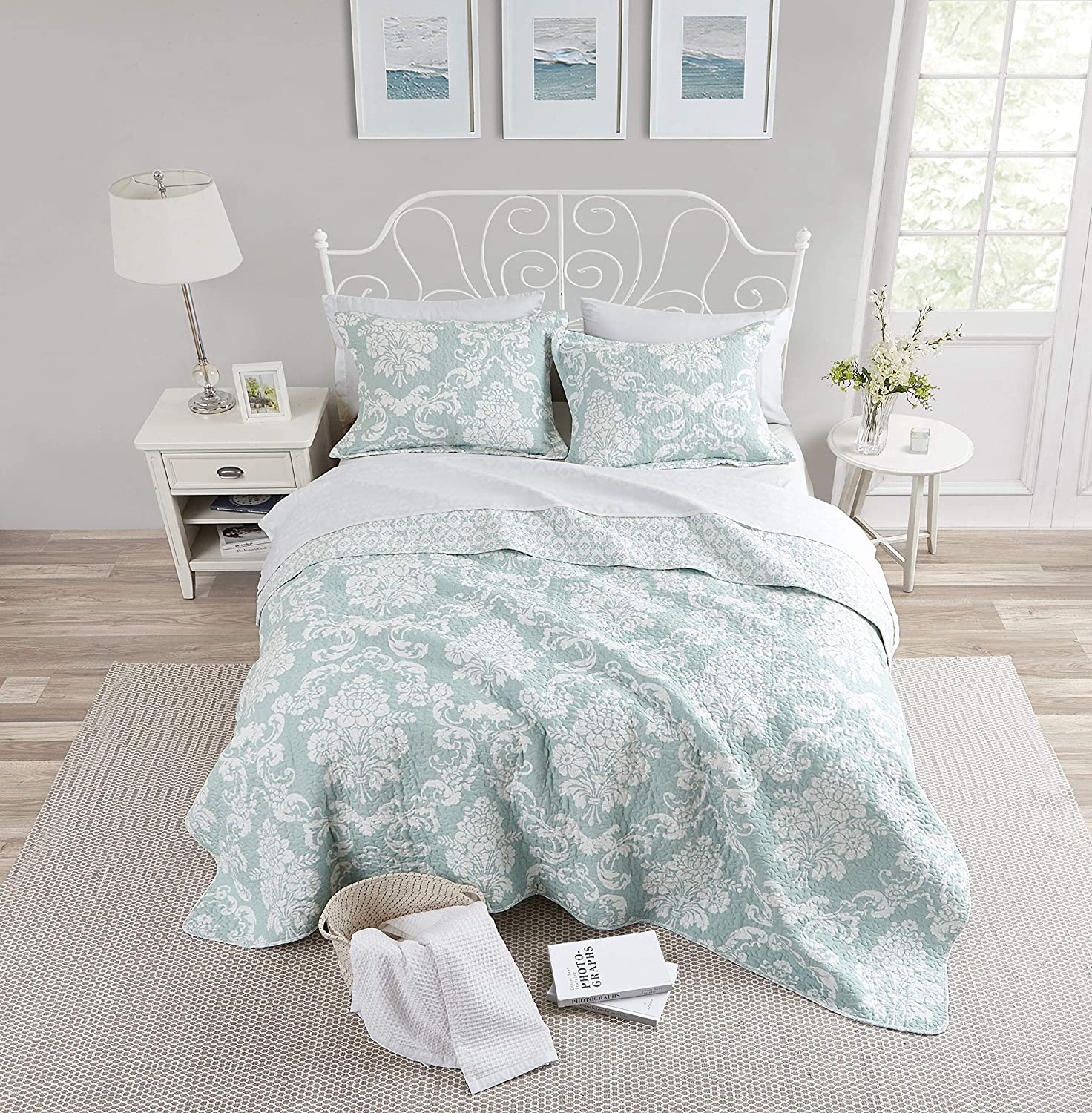 Price:$95.49 Ashley Home Venetia Collection Quilt Set-100% Cotton, Reversible, Lightweight & Breathable Bedding, Pre-Washed for Added Softness, King, Duck Egg : Home & Kitchen