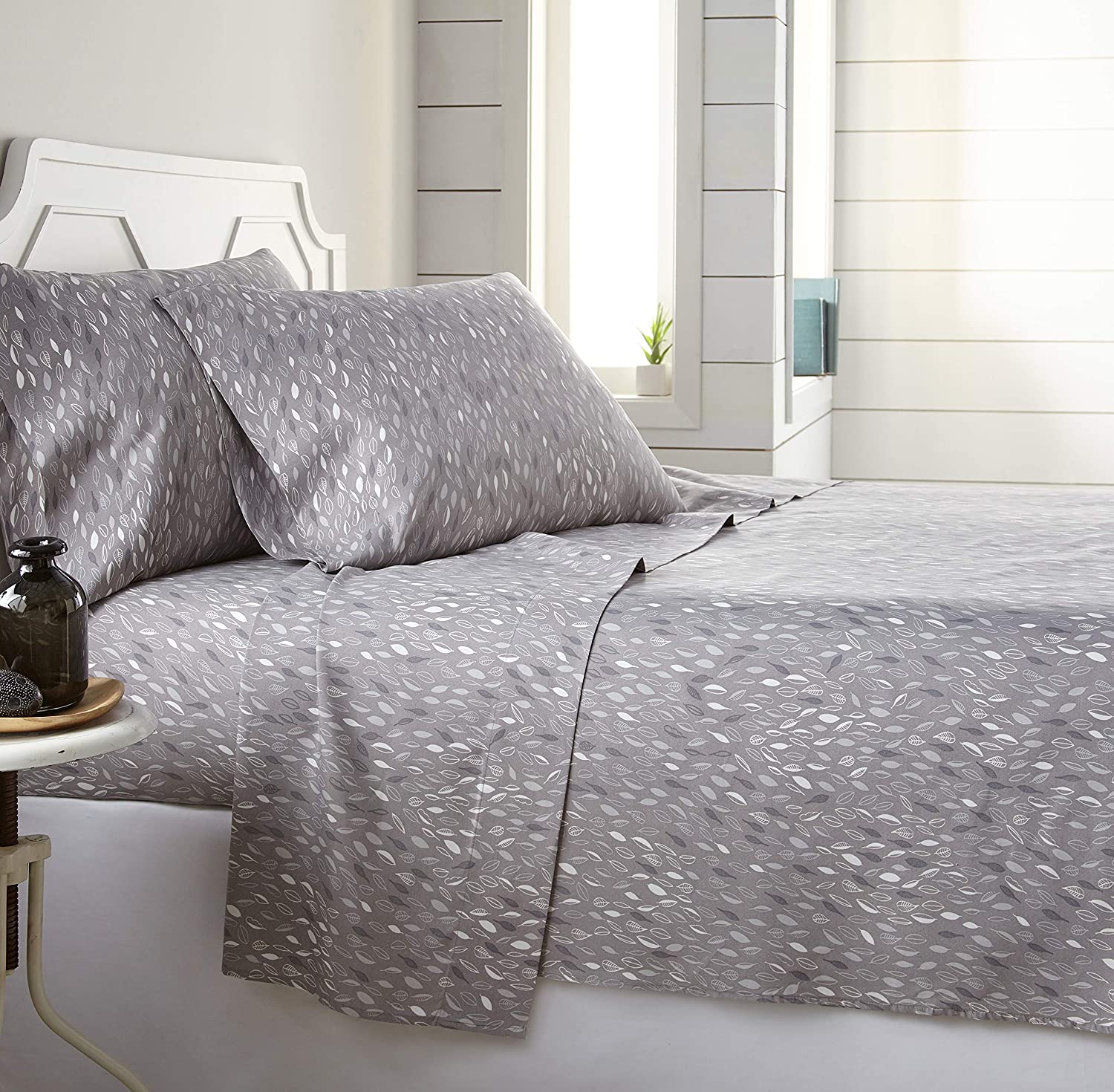 Price:$26.99 Leaves Collection, 4-Piece, 14-Inch Deep Pocket Sheet Set, Easy Care, Shrinkage Free Sheet Set with 1 Flat Sheet, 1 Fitted Sheet, 2 Pillowcases, Grey, King : Home & Kitchen