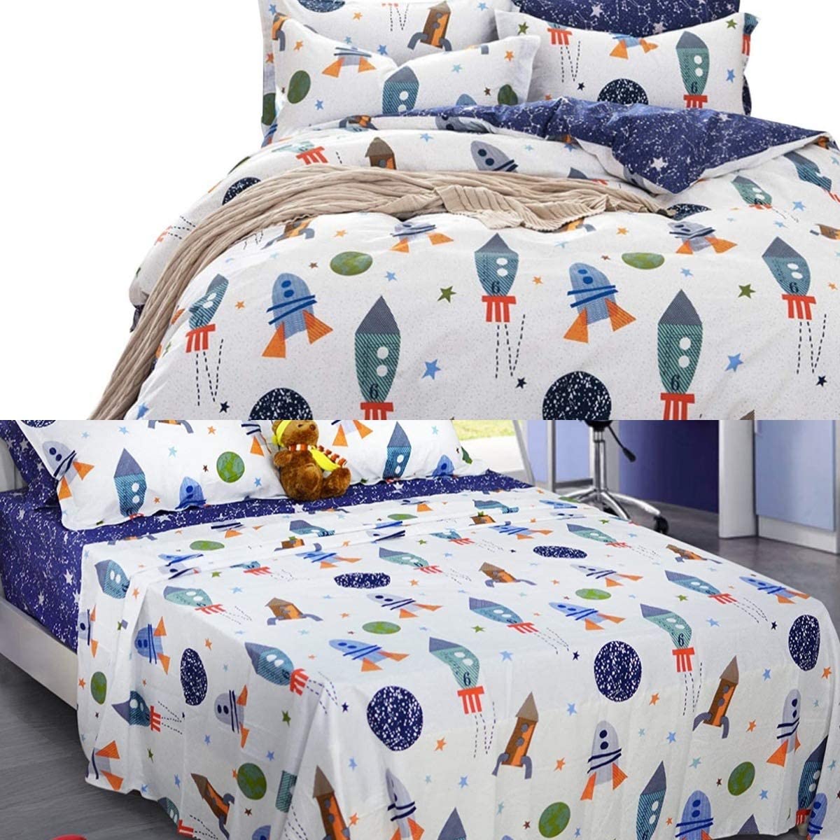 Price:$129.90 Kid Boy 7-Piece Bed in A Bag Twin Size Ourter Space Galaxy Bedding 100% Cotton Duvet Cover Bed Sheet Set : Home & Kitchen
