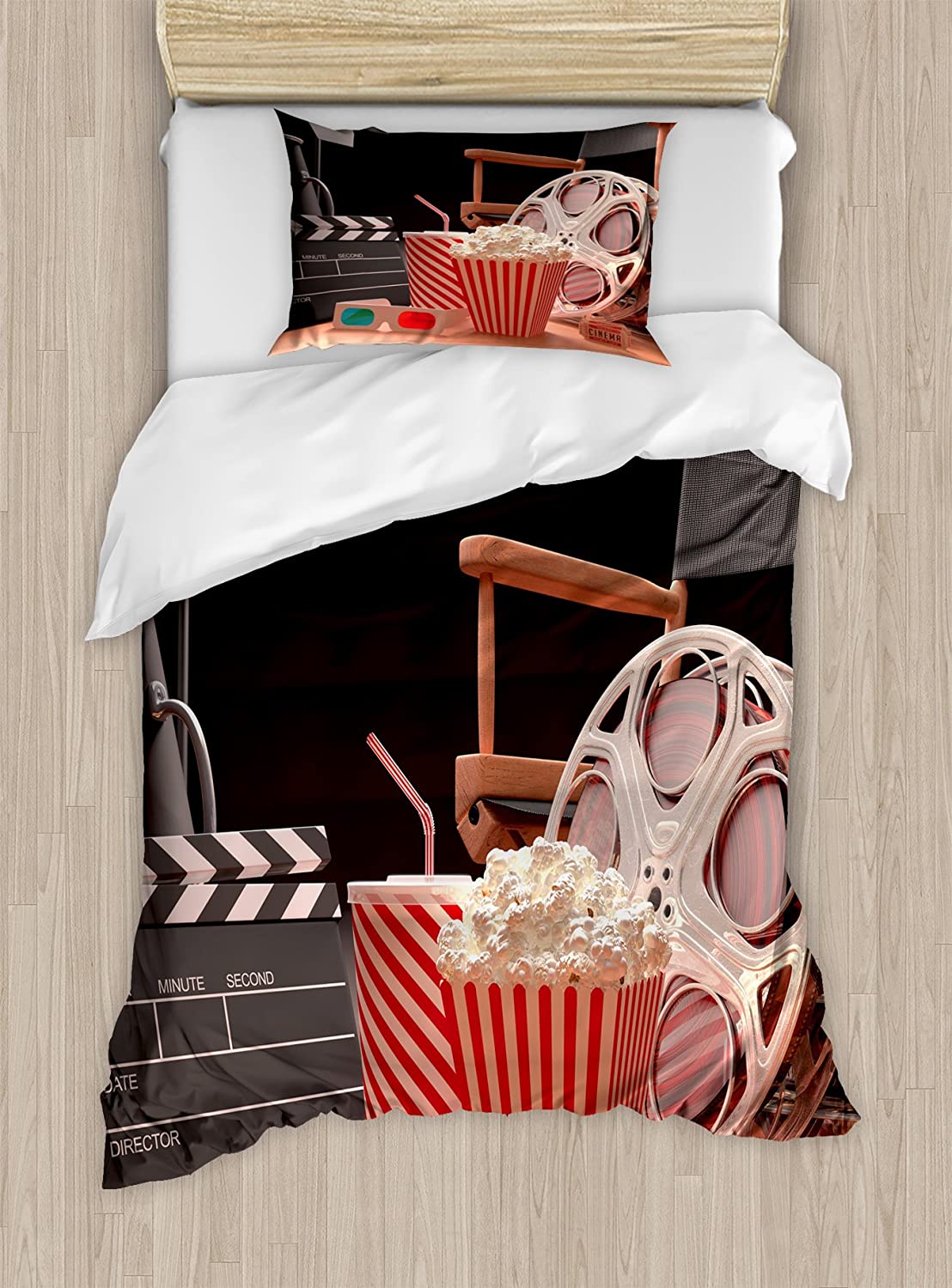 Price:$59.99 Movie Theater Duvet Cover Set, Objects of The Film Industry Hollywood Motion Picture Cinematography Concept, Decorative 2 Piece Bedding Set with 1 Pillow Sham, Twin Size, Red Black : Home & Kitchen