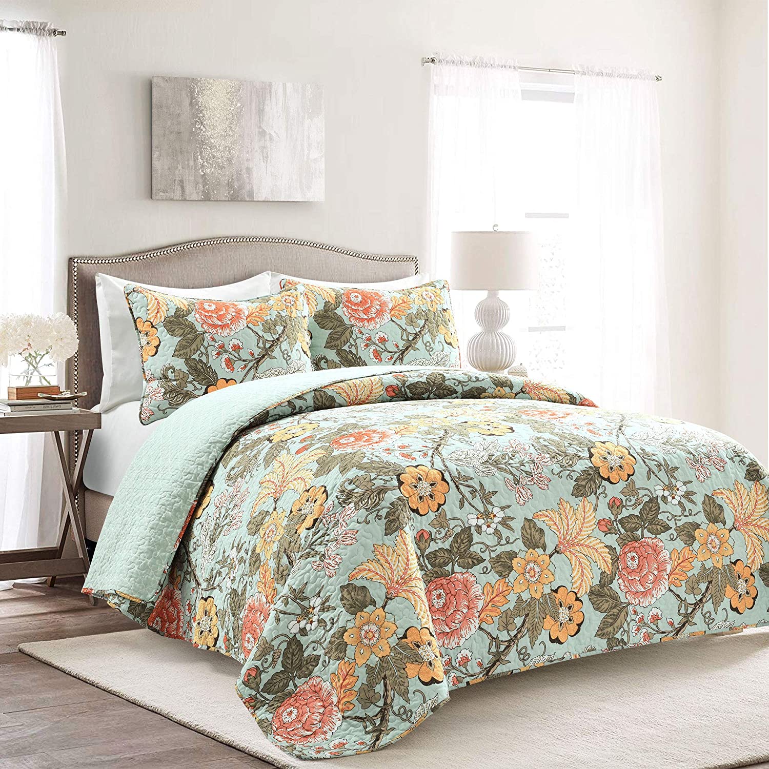 Price:$99.69 Decor Blue and Green Sydney 3-Piece Quilt Set Luxury Bedding (Full/Queen) : Home & Kitchen