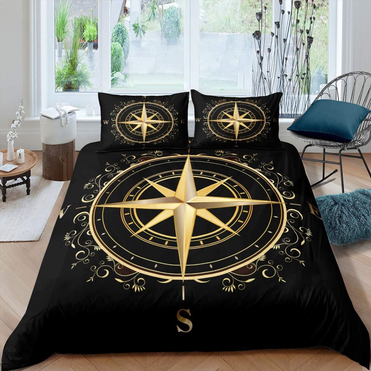Price:$29.00 Compass Print Bedding Set for Kids Boys Adults Nautical Theme Comforter Cover Ocean Voyage Duvet Cover Luxury Black Gold Geometric Circles Pattern Bedroom Decor Bedclothes King Size : Home & Kitchen