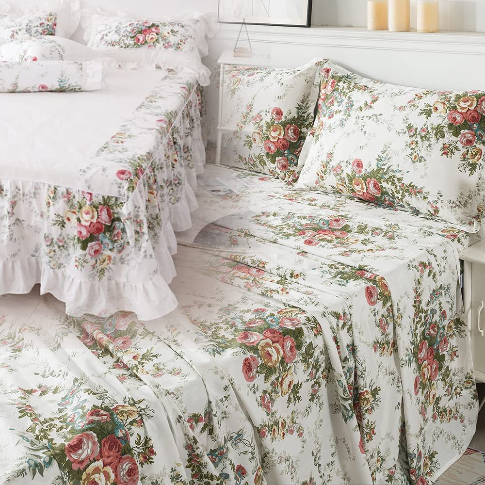 Price:$219.00 Shabby Bedding Chic Floral Bed Sheets 100% Cotton Farmhouse Lace Off White Red Rose Teal Leaves Pinted Duvet Cover Dust Rufle 8 Piece, Queen : Home & Kitchen