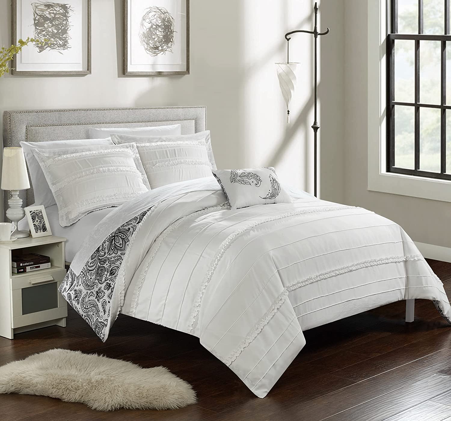 Price:$71.23 Home 4 Piece Eliza Pleated/Ruffled Reversible Paisley Floral Print Duvet Cover Set Shams/Decorative Pillows, King, White : Home & Kitchen
