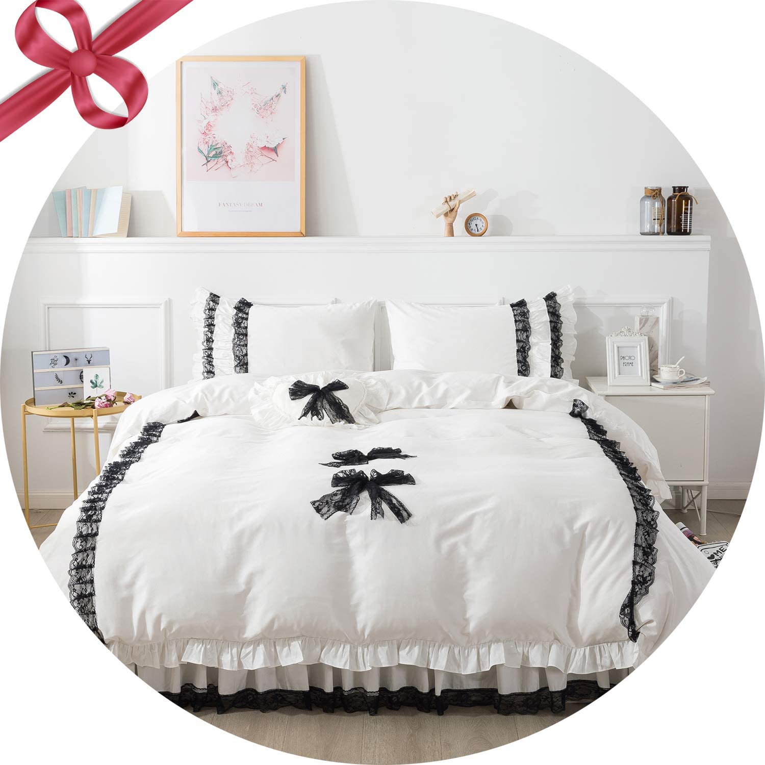 Price:$85.00 Korean Girls Bedding Set 100% Egyptian Cotton 800TC 4Pcs Princess Cute Bowknots Black Lace Ruffle Bedskirt 1Duvet Cover,1Bedskirt,2Pillowcases Full Size : Health & Household