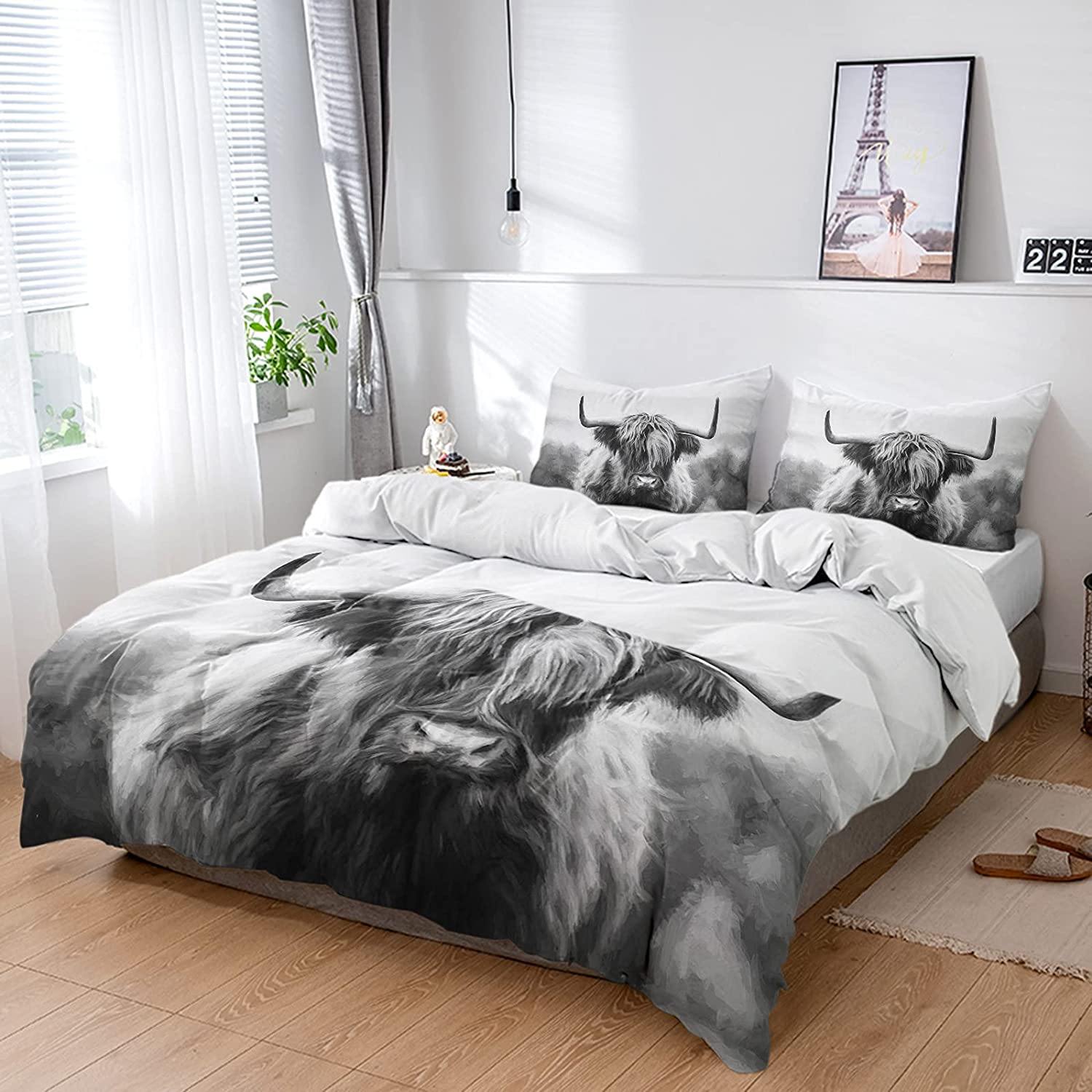 Price:$135.00 Pieces Bedding Sets Bedroom Decor Funny Farm Yak Highland Cow California King Duvet Covers with Soft Flat Comforter Cover Sheet Bedspread Pillowcases for Kids Teens Black and Gray Animal Portraits : Home & Kitchen
