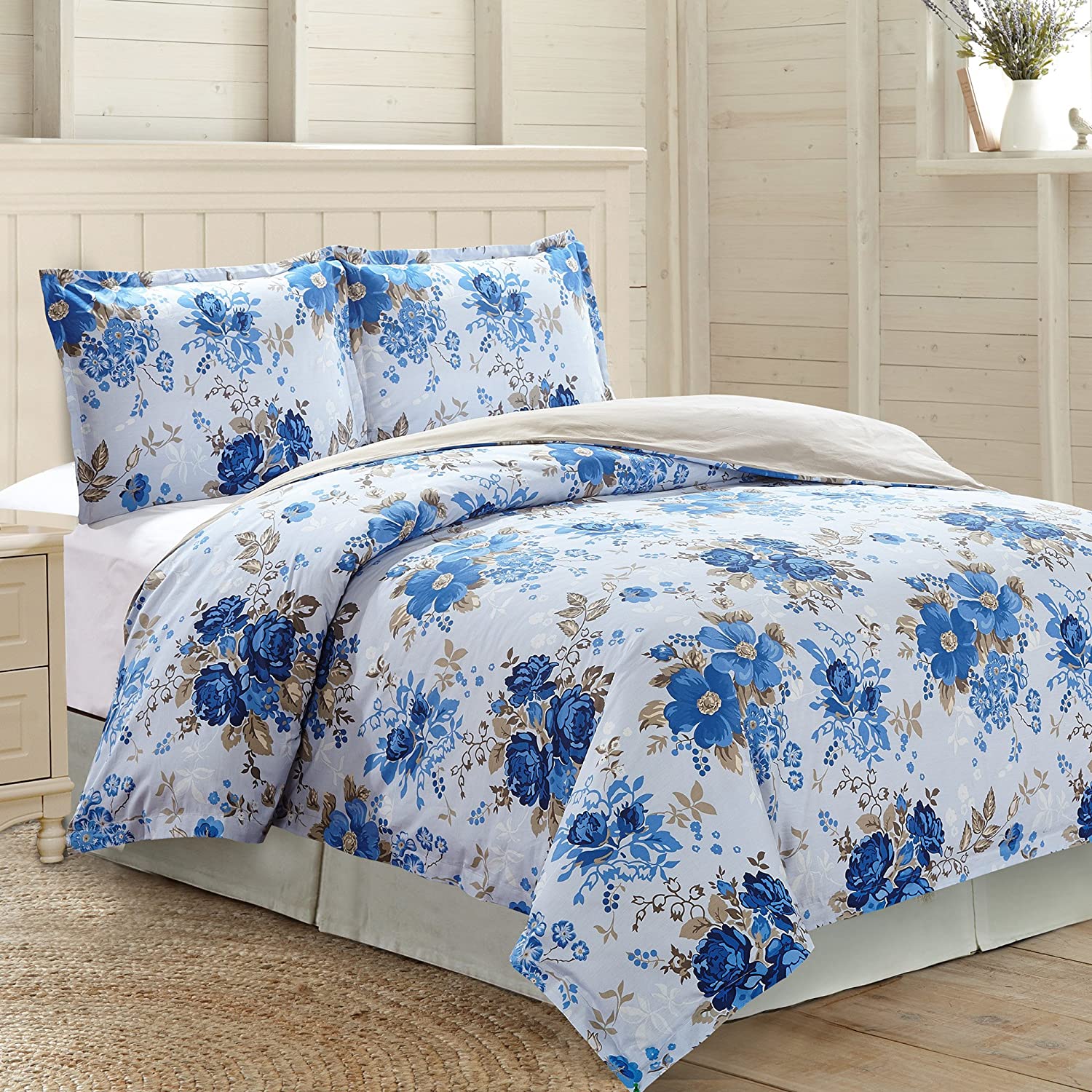 Price:$54.99 Overseas | Aubrey 3-Piece 100% Cotton Printed Duvet Set (Blue, King) : Home & Kitchen