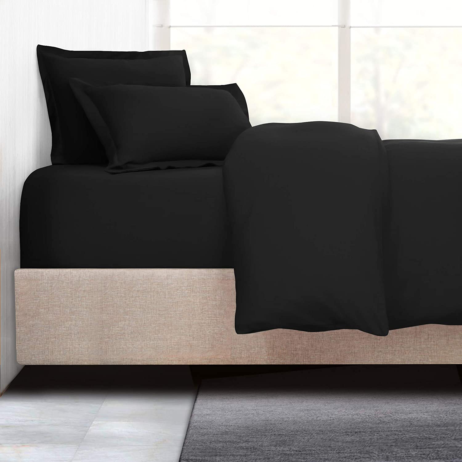 Price:$60.00 Duvet Cover with Fitted Sheet 4 Piece Set - Soft Double Brushed Microfiber Hotel Collection - Comforter Cover with Button Closure, Fitted Sheet, 2 Pillow Shams, King - Black : Home & Kitchen