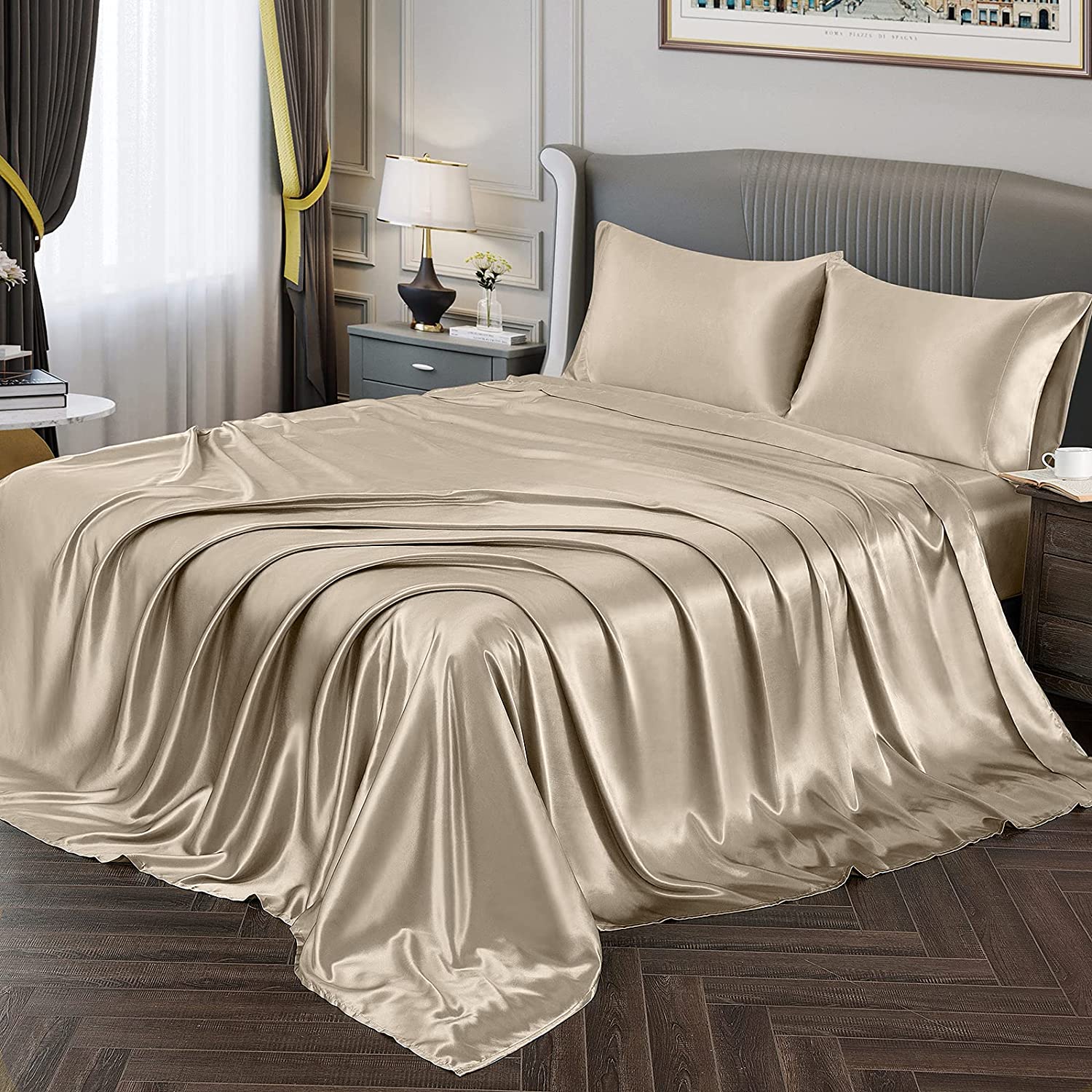 Price:$27.99 Satin Sheets Full Size Silky Soft Satin Bed Sheets Taupe Satin Sheet Set, 1 Deep Pocket Fitted Sheet + 1 Flat Sheet + 2 Pillowcases : Home & Kitchen