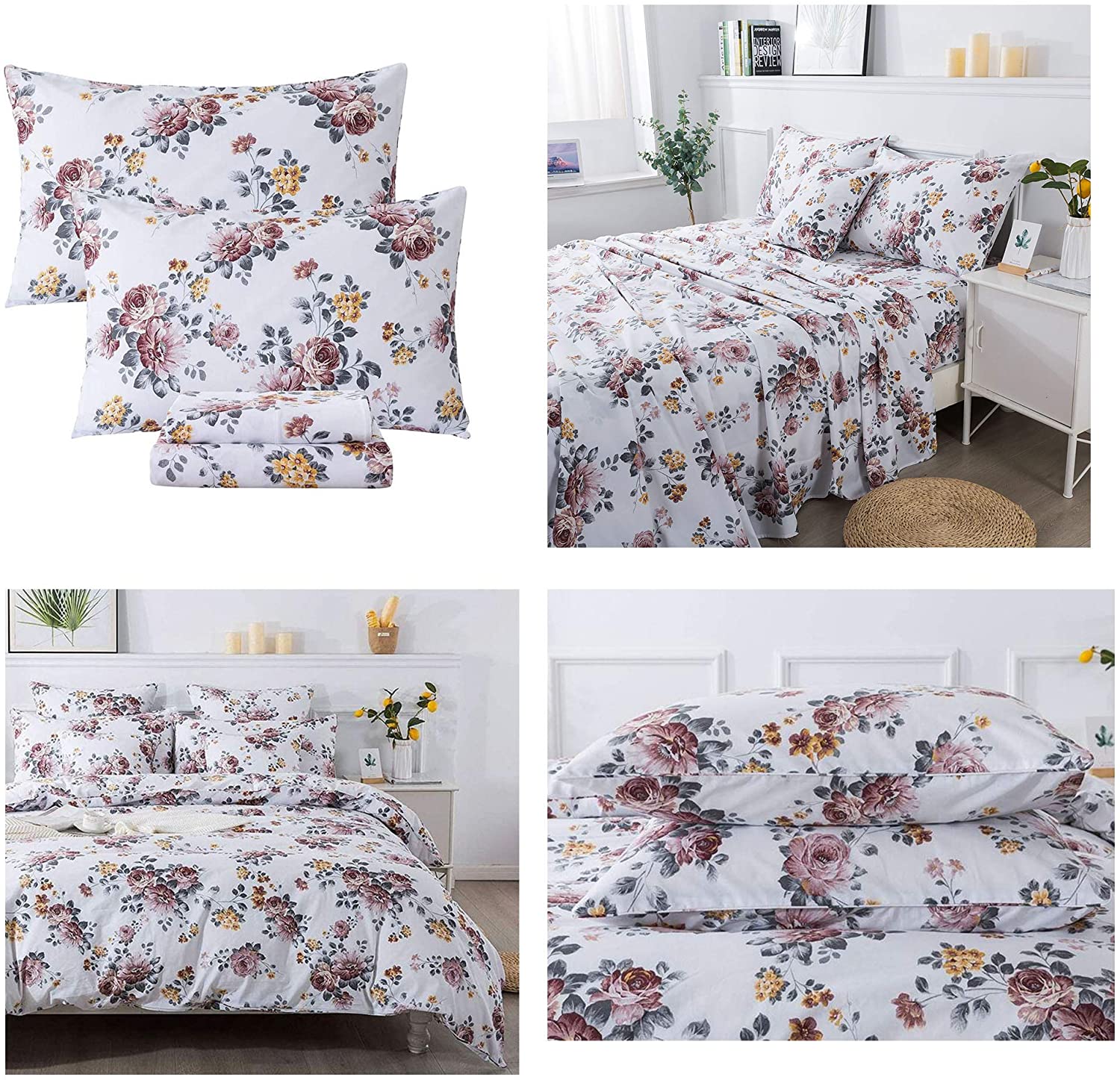 Price:$179.00 7Pcs Queen Size Bedding Collection Peony Floral Duvet Cover Bedding Set 100% Brushed Cotton Soft Hypoallergenic Sheets Set,(1 Duvet Cover +1 Fitted Sheet+ 1 Flat Sheet +4 Standard Pillowcases) : Home & Kitchen