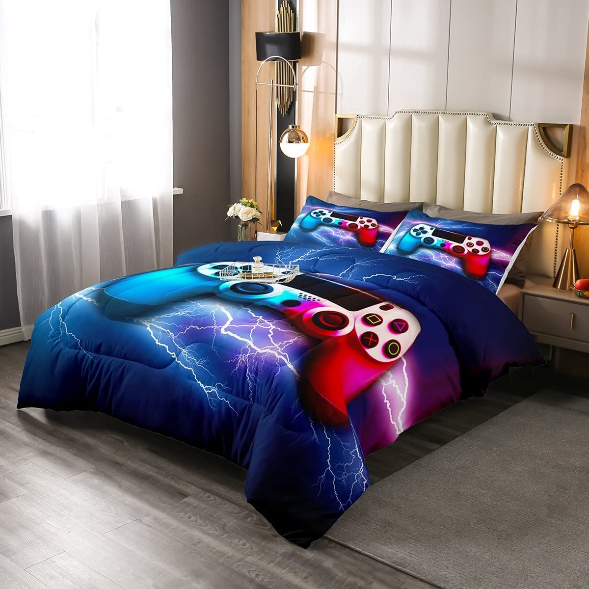 Price:$41.39 Quilted Duvet Lightnings Gamepad Decor Soft Comforter Set Modern Novelty Sci-Fi Style Video Games Bedding Duvet Twin Size for Boys Teens Kids Girls Game Console Gamer Bedding Comforters : Home & Kitchen