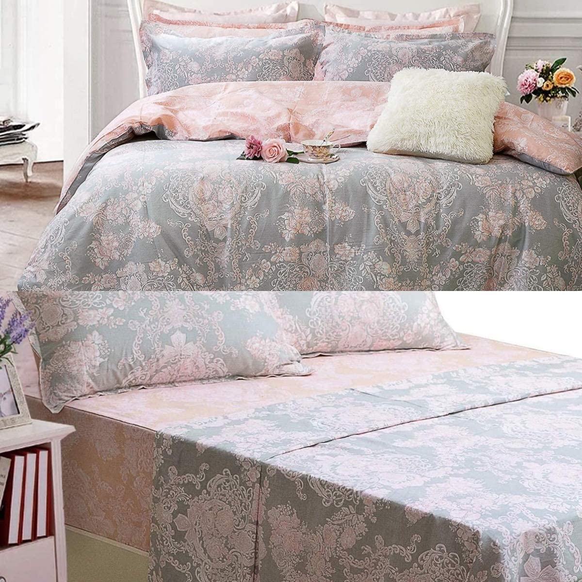 Price:$49.99 7-Piece Bed in A Bag Blush Pink Gray Damask Bedding Twin Size 100% Cotton Duvet Cover Bed Sheet Set : Home & Kitchen