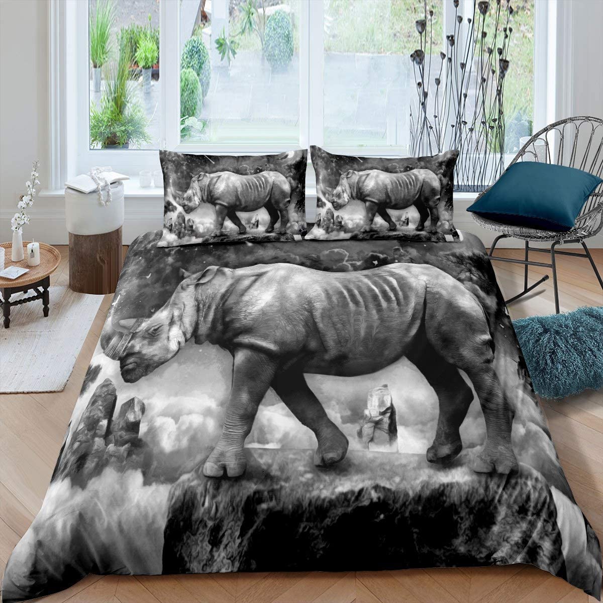 Price:$19.99 Gray Rhinoceros Duvet Cover Galaxy Bedding Set 3D Wild Animal Theme Comforter Cover for Kids Adults Room Decor Wildlife Style Bedspread Cover Starry Sky King Size with 2 Pillow Case : Home & Kitchen