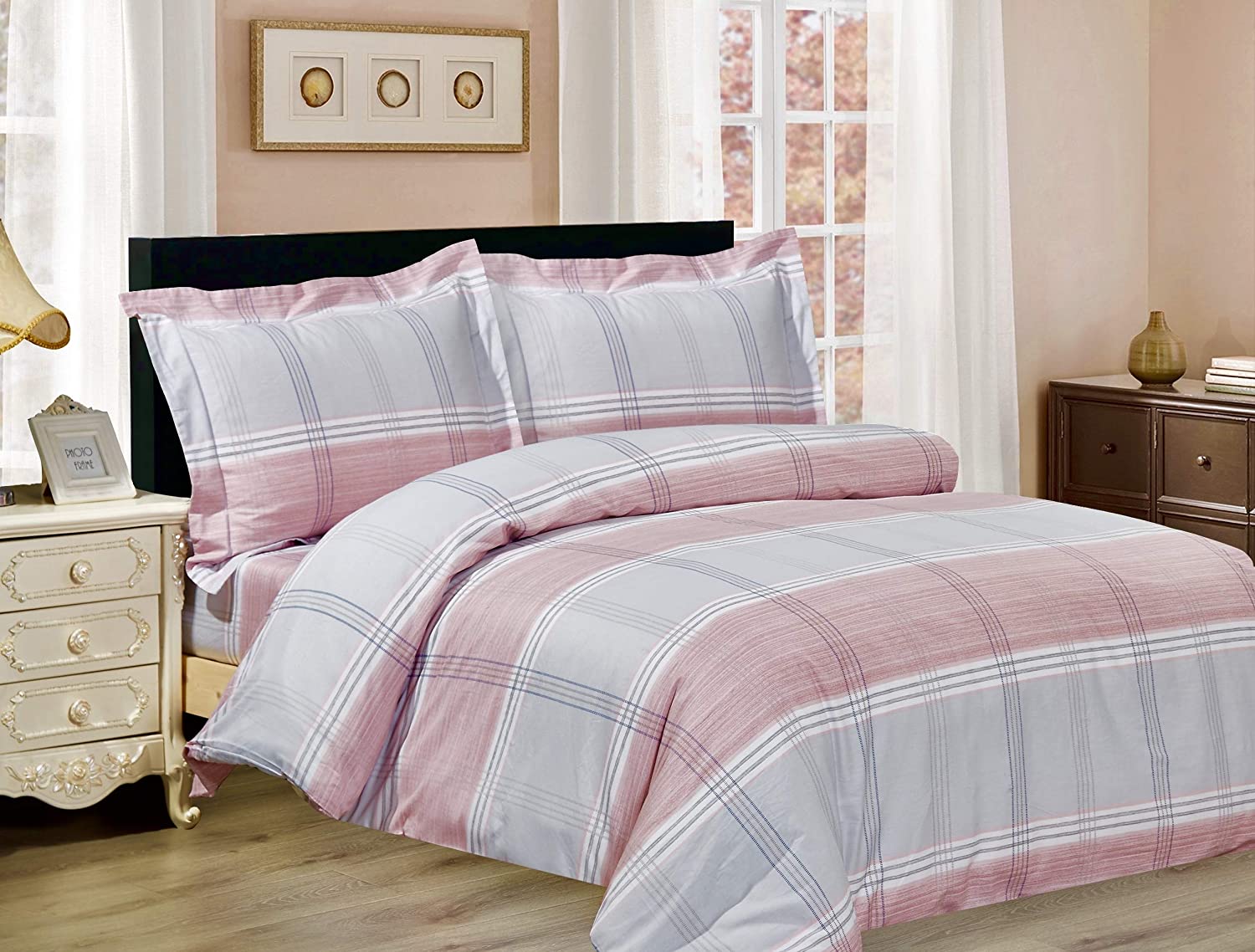 Price:$174.52 Linen French Pink Grey Plaid Pattern, Luxury Ultra Soft 200 Thread Count Cotton Percale, Pink-Grey, Full, 6 Piece, Bedding Duvet Cover Set for Two Beds : Home & Kitchen