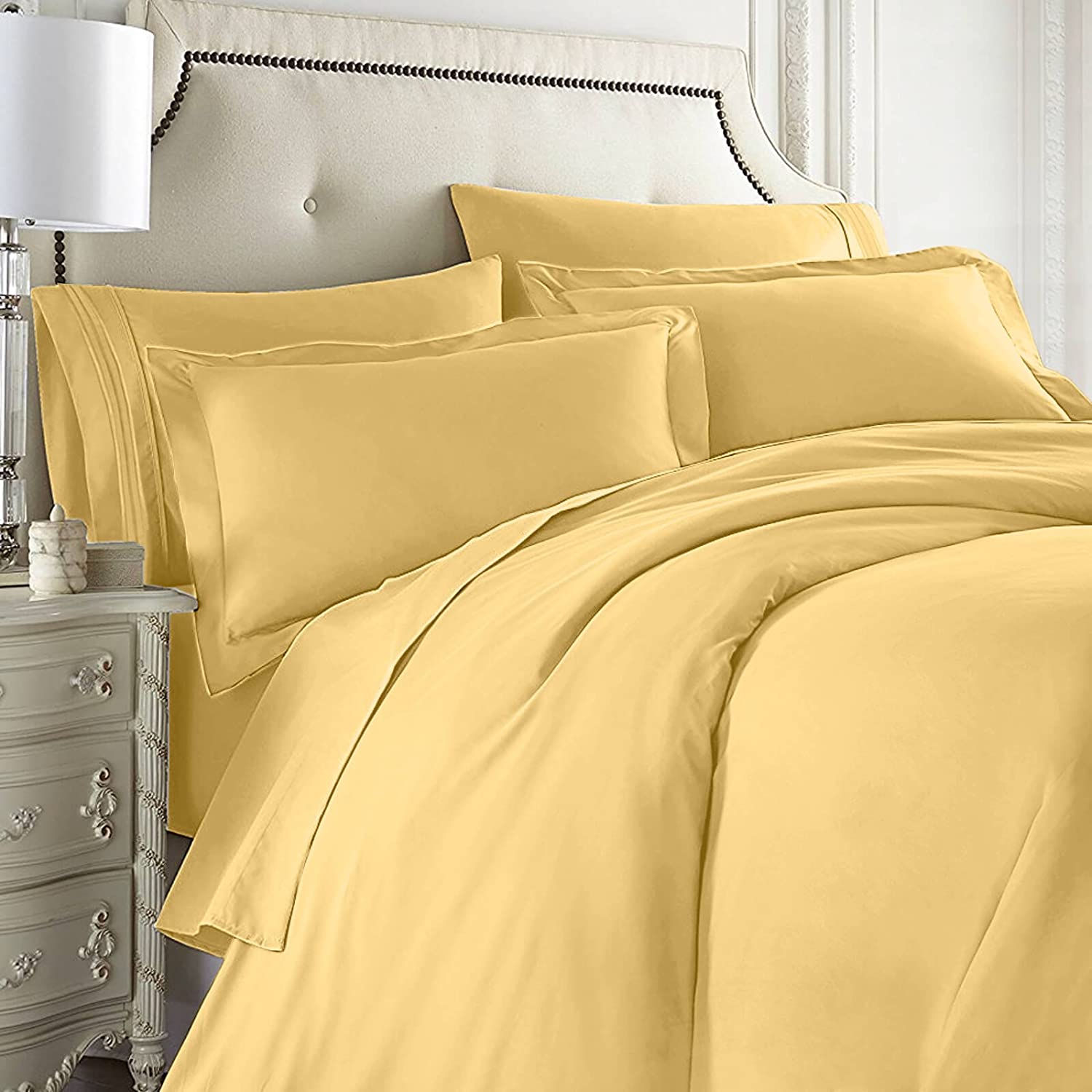 Price:$58.65 Clark Complete 8 Piece Bedding Set Includes Fitted and Flat Sheets, Duvet, Pillow Covers, Split King, Yellow : Home & Kitchen