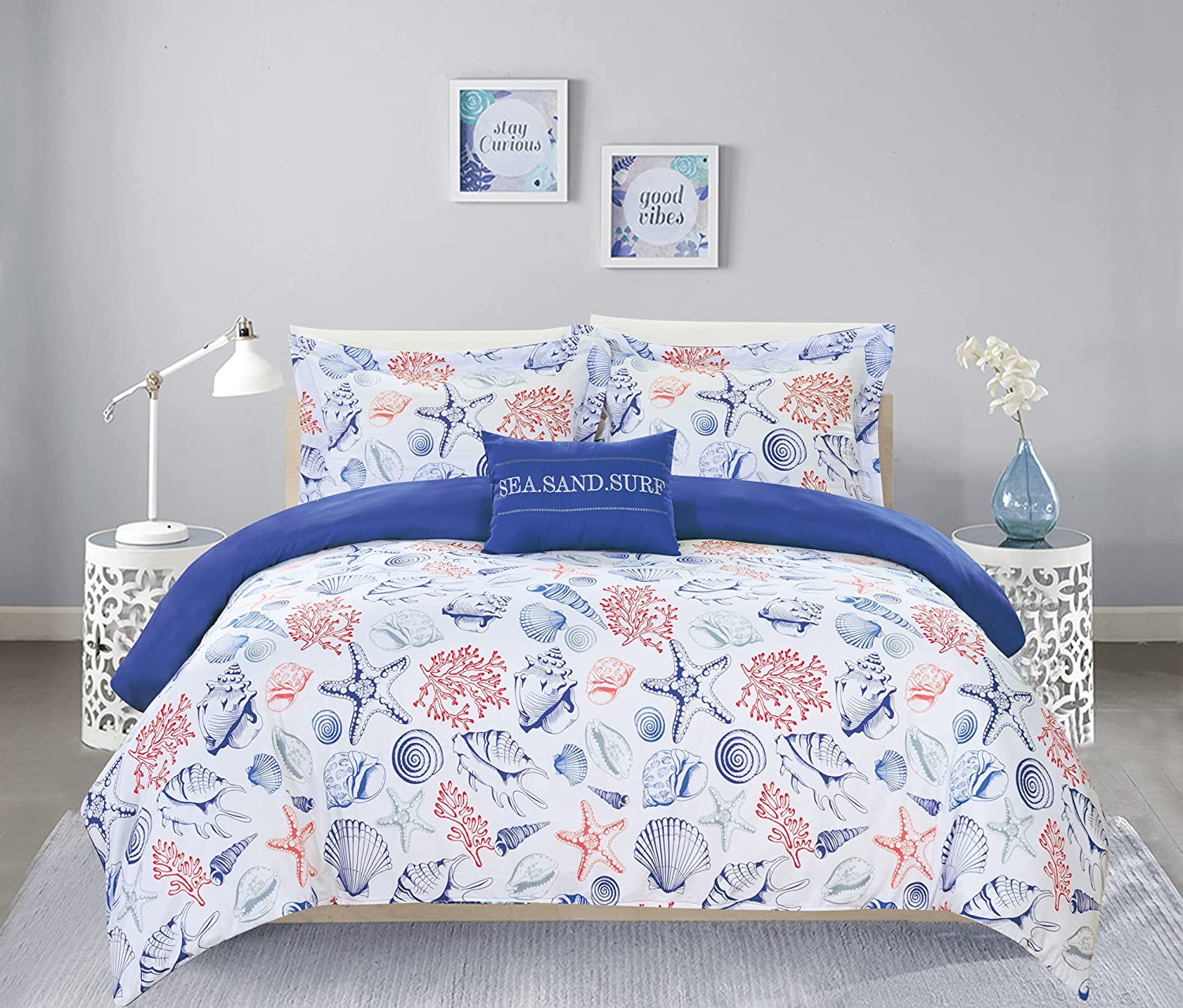Price:$36.39 Home Talulah 4 Piece Reversible Duvet Cover Set SeaSandSurf Theme Print Design Bedding-Decorative Pillow Shams Included, Queen, Multi Color : Home & Kitchen
