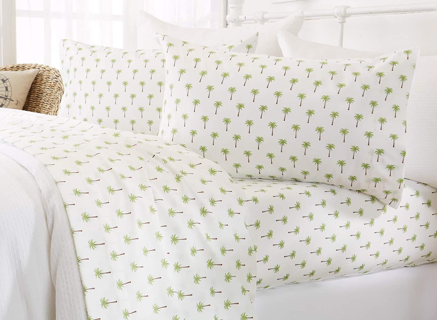 Price:$29.99 Coastal Microfiber Bed Sheets. Wrinkle Free, Deep Pockets, Beach Theme Sheet Set. Newport Collection (Full, Palm Tree) : Home & Kitchen