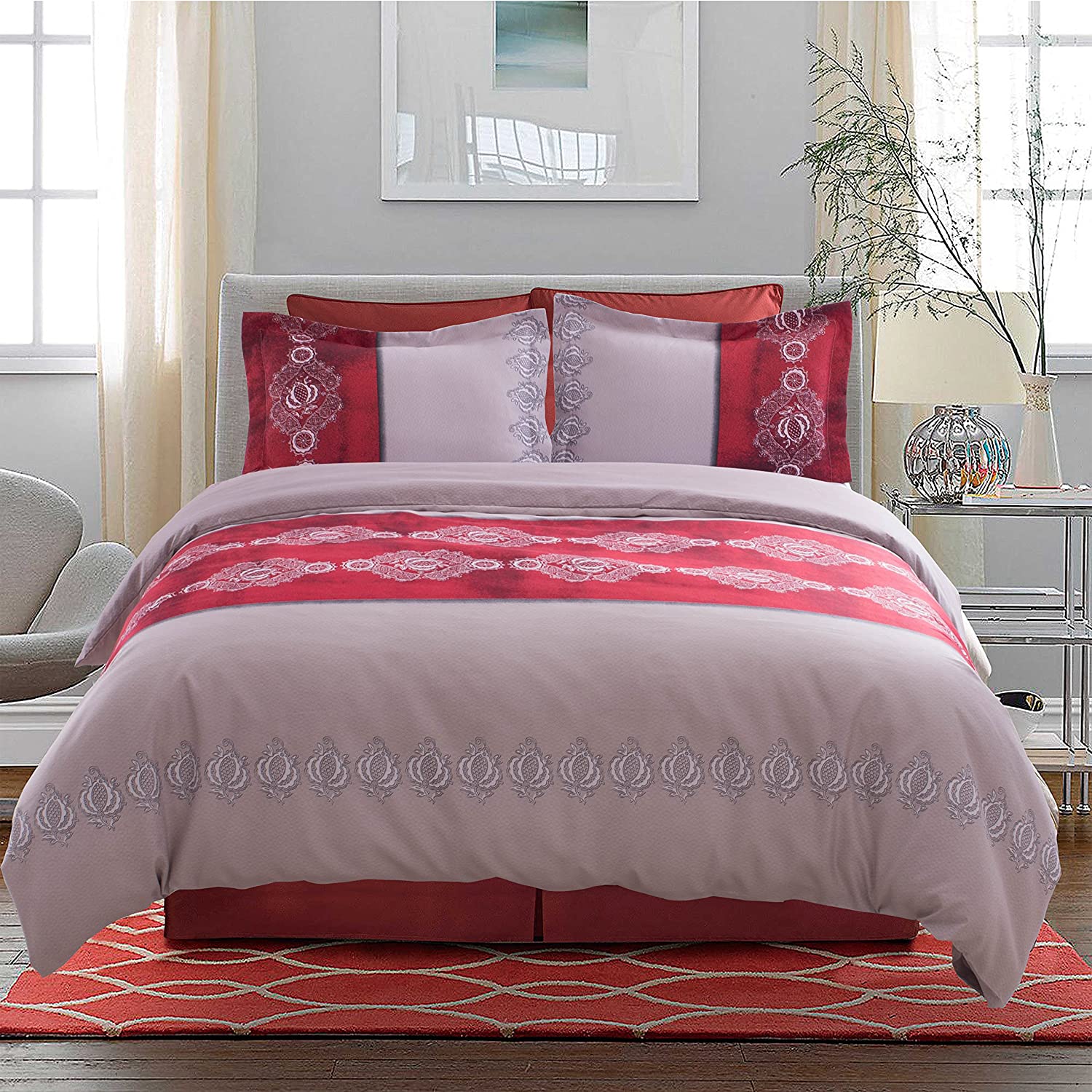 Price:$25.99 Polyester Duvet Cover Set 3pcs Reversible Colorful Printing Lace Pattern Design Soft Durable Modern Bedding (King, Light Red) : Home & Kitchen