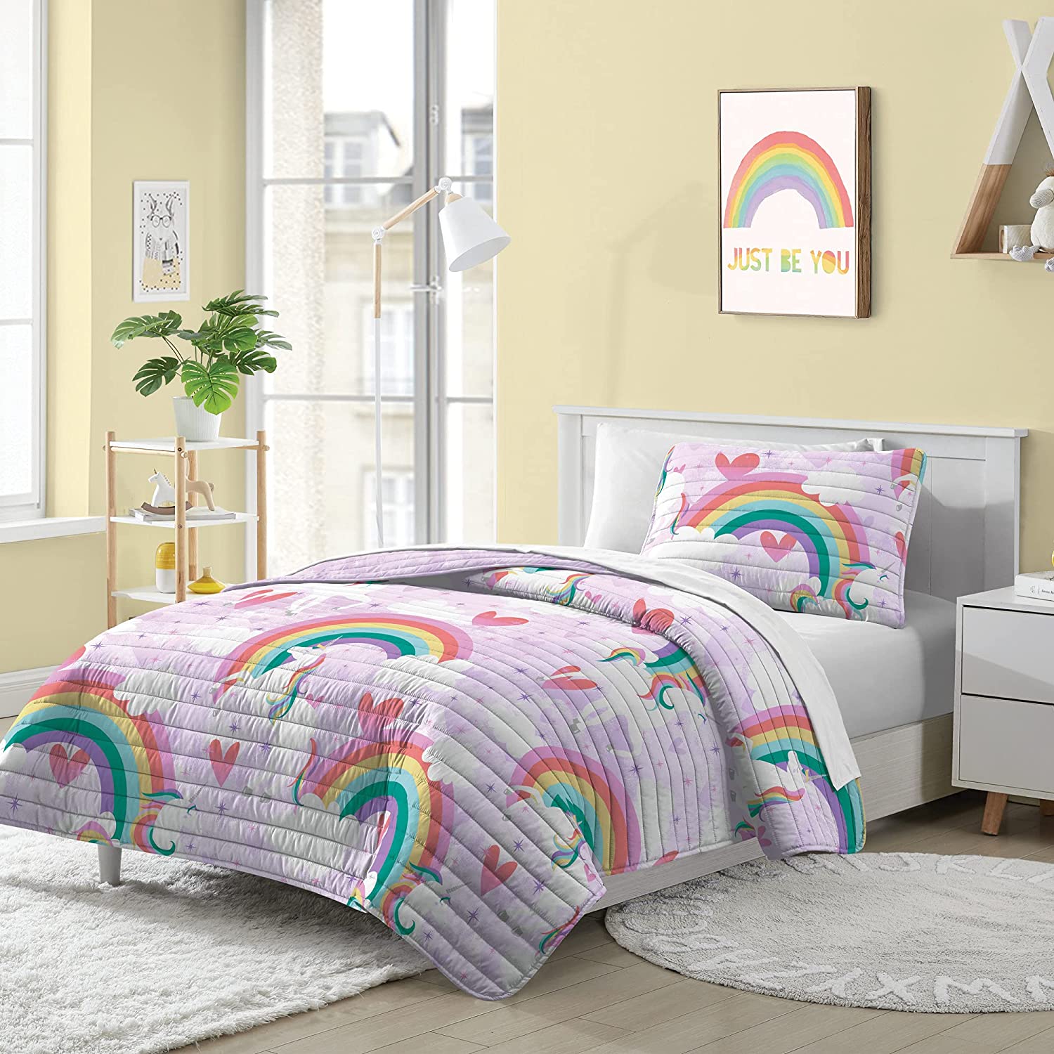 Price:$39.99 FACTORY Kids Reversible Quilt Set Soft Microfiber Lightweight Bedspread Coverlet Bed Blanket, Full, Purple Unicorn Rainbow : Home & Kitchen