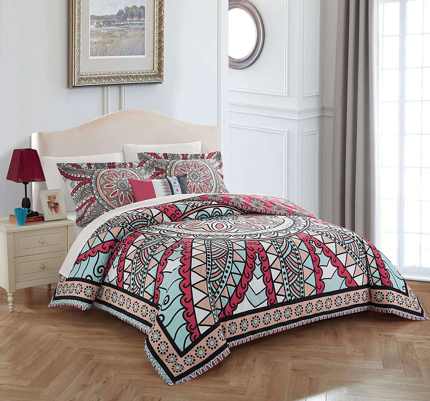 Price:$63.46 Home Neil 4 Piece Reversible Duvet Cover Set 100% Cotton Bohemian Inspired Vintage Panel Frame Geometric Pattern Print Zipper Closure Bedding, Queen, Aqua : Home & Kitchen