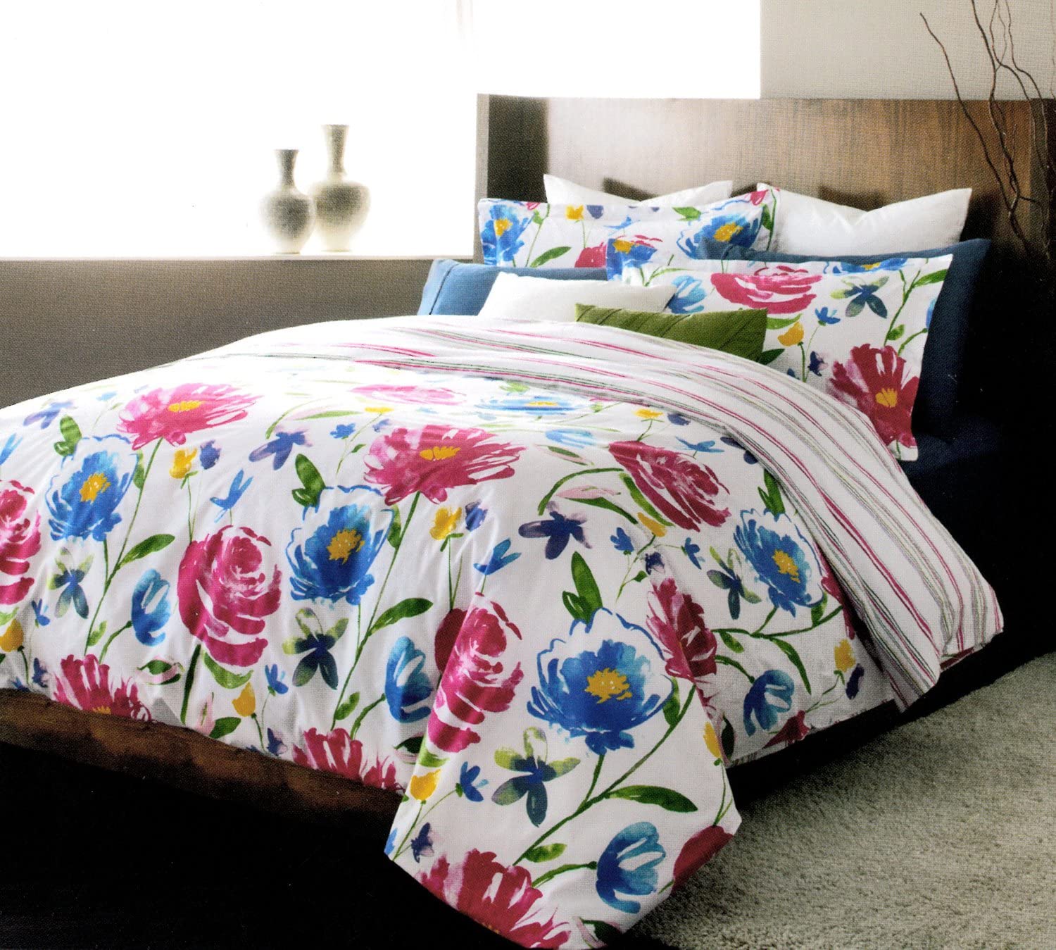 Price:$84.01 Home Fashions Piccadilly Floral Stripe Reversible Duvet Cover Set (3p) King, White/Blue/Pink/Green : Home & Kitchen