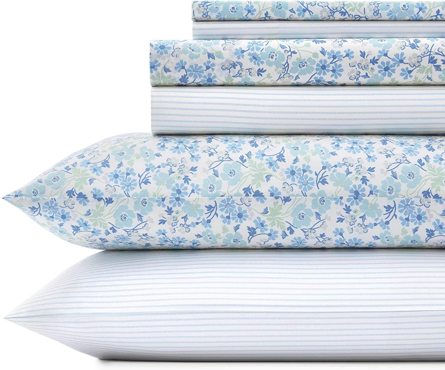 Price:$65.30 Ashley Home Ticking Stripe Ultra Soft | 6-Piece Percale Weave Sheet Set-100% Cotton Bedding-Cool, Crisp, and Breathable, Queen, Jaynie Winter Green : Home & Kitchen