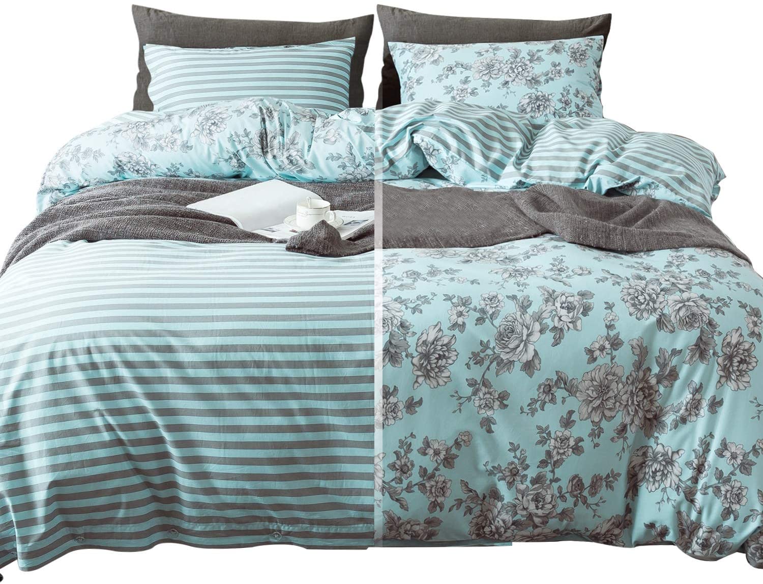 Price:$79.99 Reversible Floral Print Duvet Cover Set,3-Piece 100% Cotton Bedding Set: Duvet Cover and Two Pillow Shams，with Zipper Closure Ultra Soft Comfy Breathable Fade Resistant (Green, King Set) : Home & Kitchen