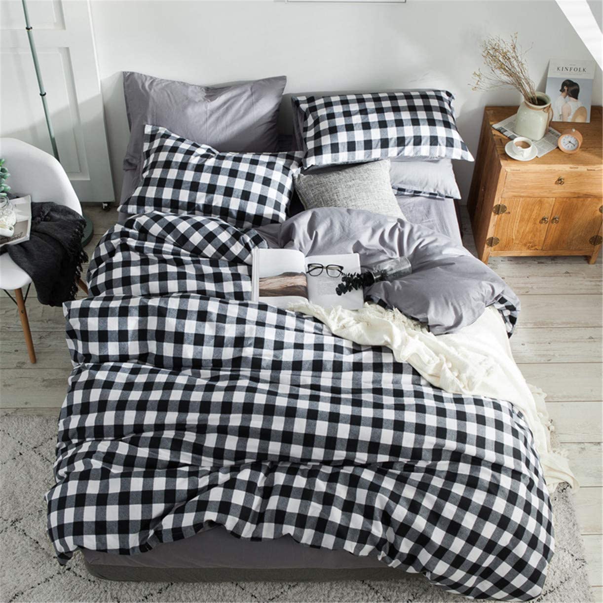 Price:$49.99 NF Farmhouse Soft Cotton Black White Grid Duvet Cover Set Gray Gingham Aesthetic Bedding Set 1 Duvet Cover+2 Pillowcases King Size : Home & Kitchen