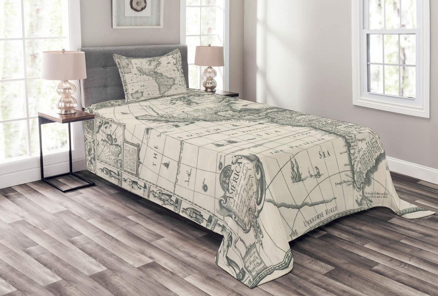 Price:$49.95 World Map Bedspread, Antique Map America in 1600s World in Medieval Time Era in Retro Style, Decorative Quilted 2 Piece Coverlet Set with Pillow Sham, Twin Size, Cream Grey : Home & Kitchen