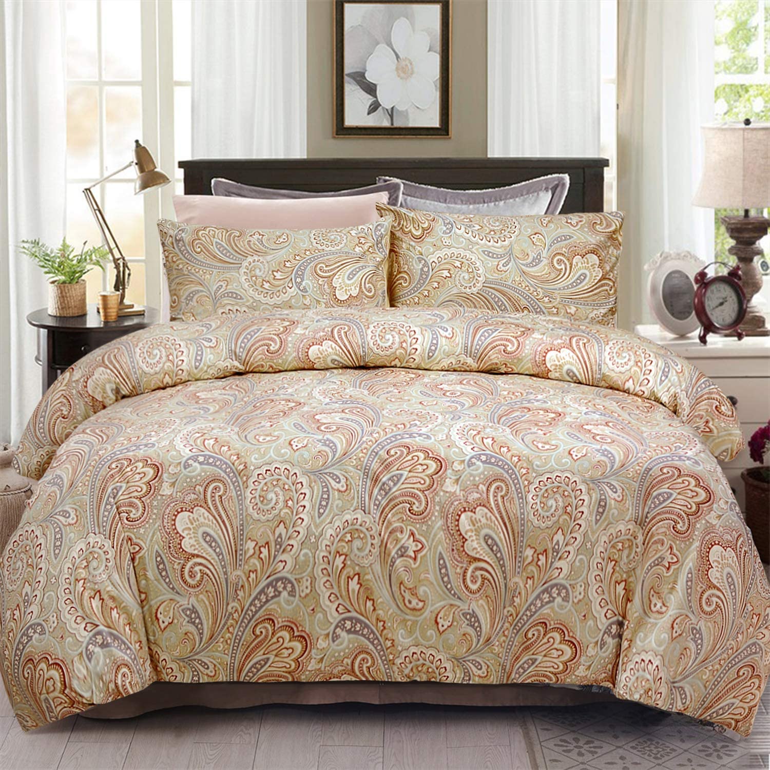 Price:$85.00 Golden Paisley Full Size Duvet Cover Set 800 Thread Count 100% Egyption Cotton 3Pcs Damask Bohemian Bedding Set : Home & Kitchen