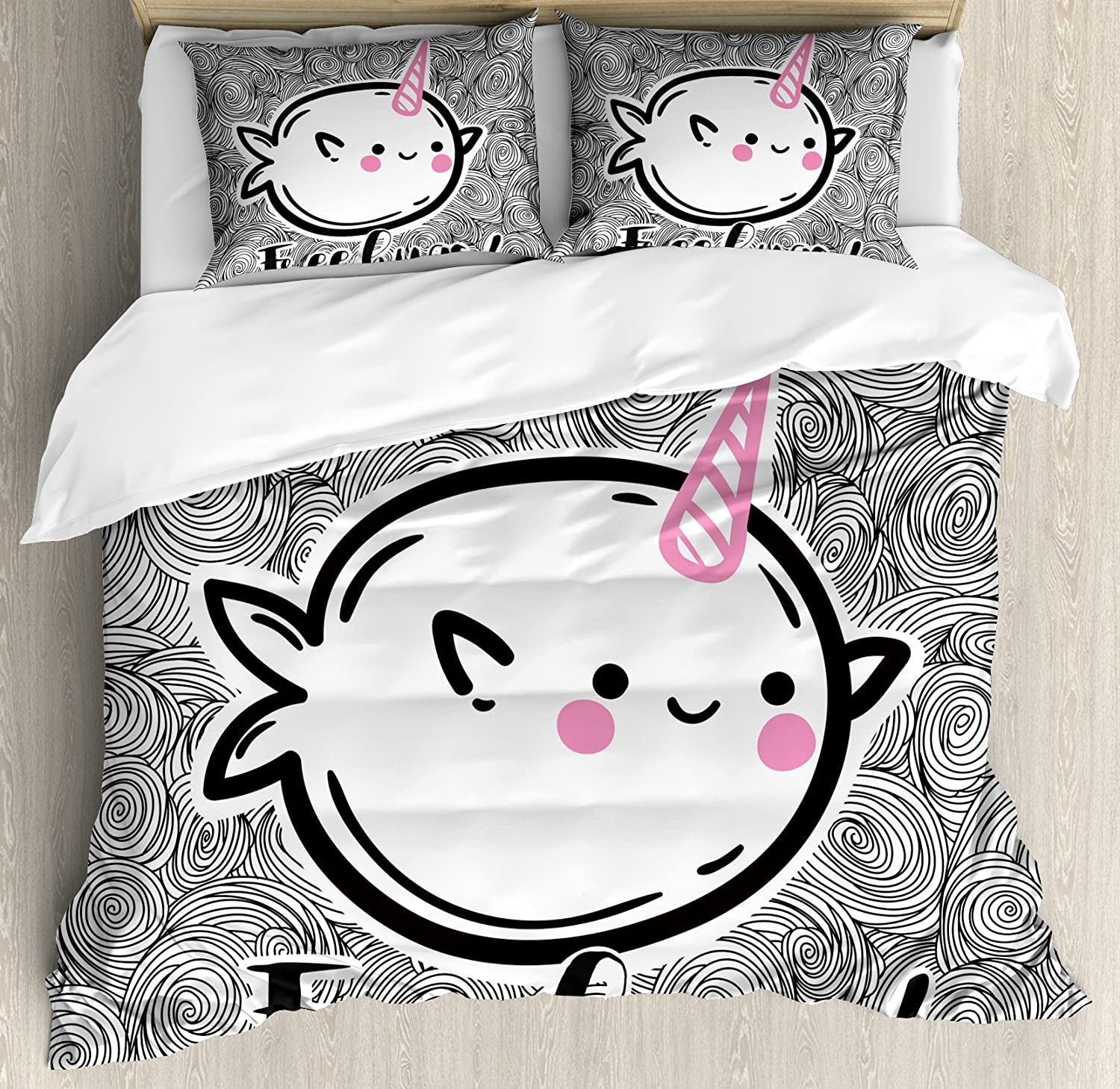 Price:$39.96 Narwhal Duvet Cover Set, Abstract Spiral Doodle Background with Sketch Style Arctic Ocean Mammals, Decorative 3 Piece Bedding Set with 2 Pillow Shams, Queen Size, White Black : Home & Kitchen