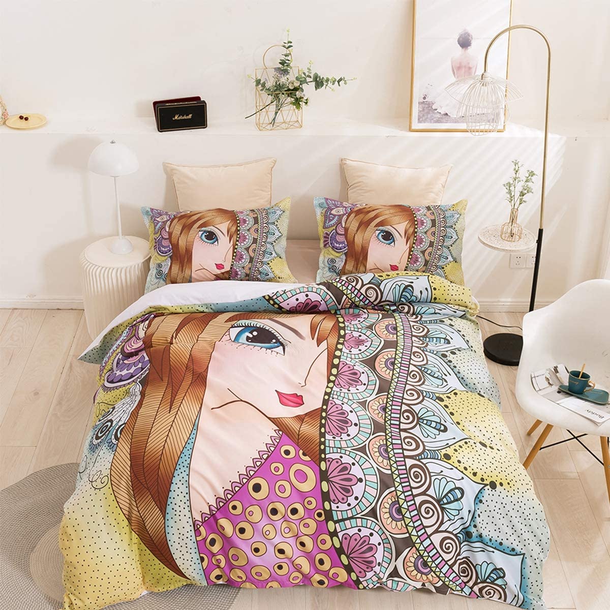 Price:$34.00 Print Duvet Cover Set, Girl Twin Full Microfiber GSM90 Sets 3 Pieces (1 Duvet Cover + 2 Pillow Shams) (King) : Home & Kitchen