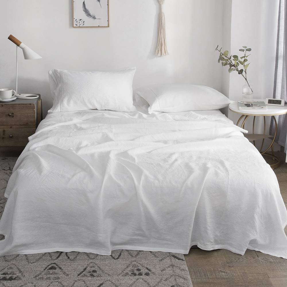 Price:$140.99 100% Linen Sheet Set King Size-4 Piece European Flax Linen Bed Sheet (1 Flat Sheet,1 Fitted Sheet,2 Pillowcases) -Breathable Soft Hemstitched Linen Bedding-White : Home & Kitchen