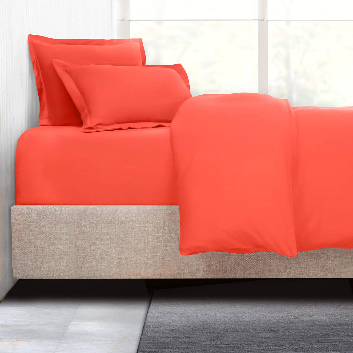 Price:$60.00 Duvet Cover with Fitted Sheet 4 Piece Set - Soft Double Brushed Microfiber Hotel Collection - Comforter Cover with Button Closure, Fitted Sheet, 2 Pillow Shams, Queen - Orange : Home & Kitchen