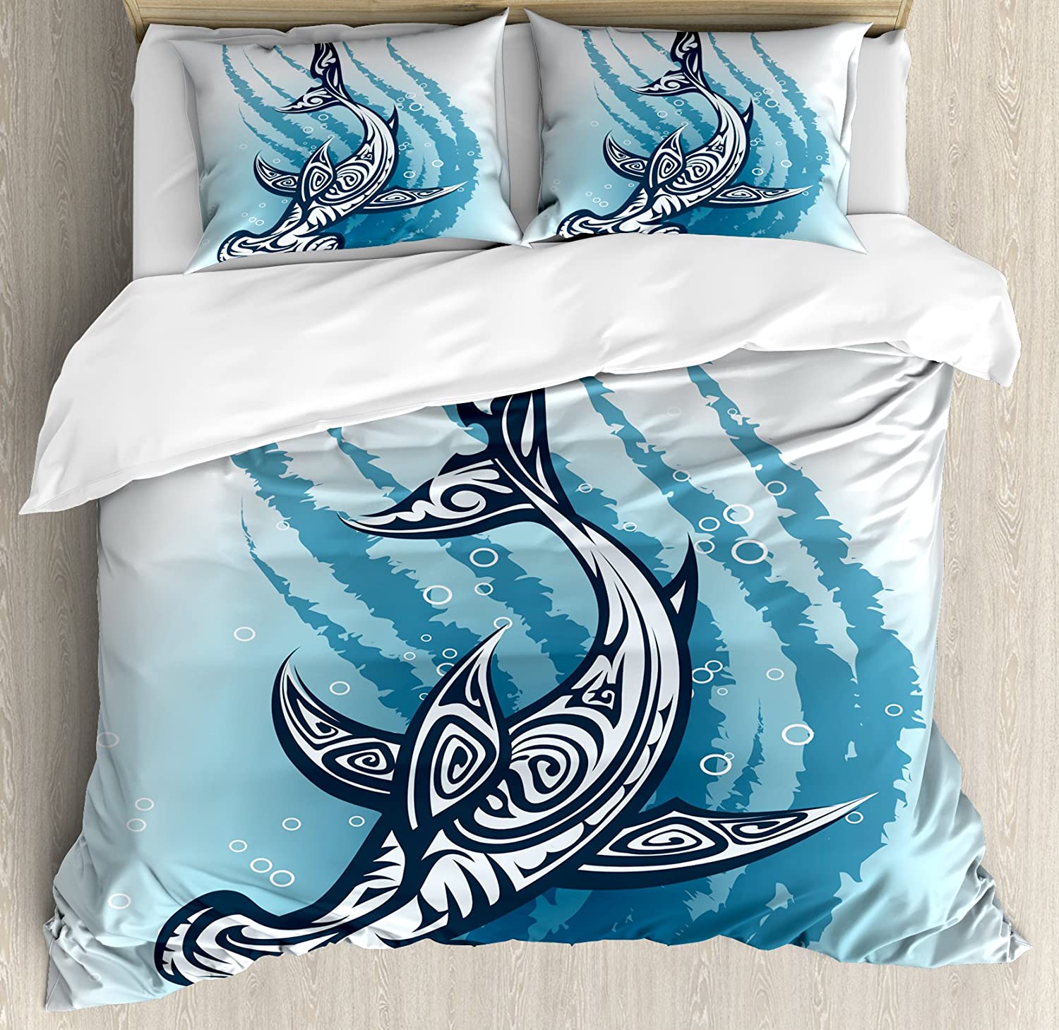 Price:$79.99 Shark Duvet Cover Set, Hammerhead Fish with Ornamental Effects Swimming Ocean Image, Decorative 3 Piece Bedding Set with 2 Pillow Shams, Queen Size, Indigo White : Home & Kitchen