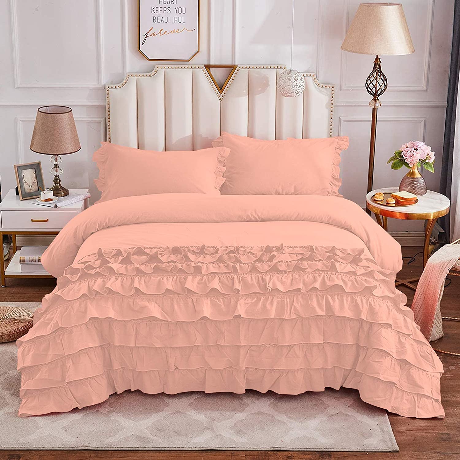 Price:$180.00 Cotton Oversized Super King Size Vintage Cut Girls Bedding Ruffled 3 Pcs Duvet Cover Set, Zipper Closure Quilt Cover 100% Egyptian Cotton, Peach : Home & Kitchen