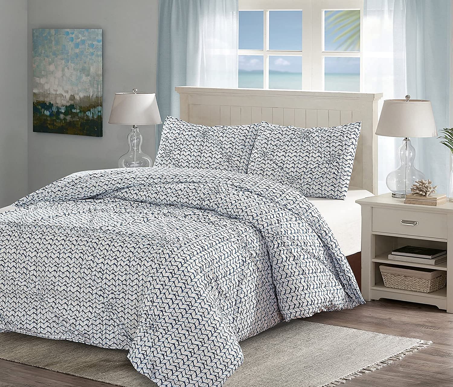 Price:$69.99 Quarters Duvet Cover Set 3 pcs King Size 100% Cotton Bedding Set Blue Batik White Pattern Quilt Cover Set with Button Closure,1 Duvet Cover,2 Pillow Sham : Home & Kitchen
